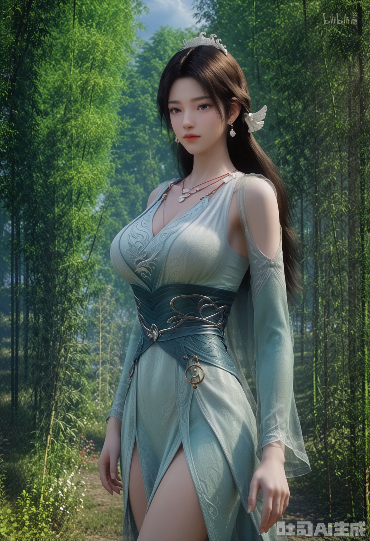 score_9,score_8_up,score_7_up,highly detailed,ultra-high best quality,masterpiece,realistic,ultra-fine painting,extreme detail description,Professional,Vivid Colors,(((extremely detailed CG unity 8k wallpaper))),an extremely delicate and beautiful,official art,sweet and delicate girl,delicate facial features,perfect bright figure,surrounded,Bright,romantic long hair,natural light,warm and sweet,a girl,
1girl, solo, long hair, breast,earrings,(hair ornament:1.3),dress,black hair,blue eyes,thick thighs, jewelry, necklace,
(in a meadow:1.3),((perfect legs:1.2)),(large breasts:1.2),
