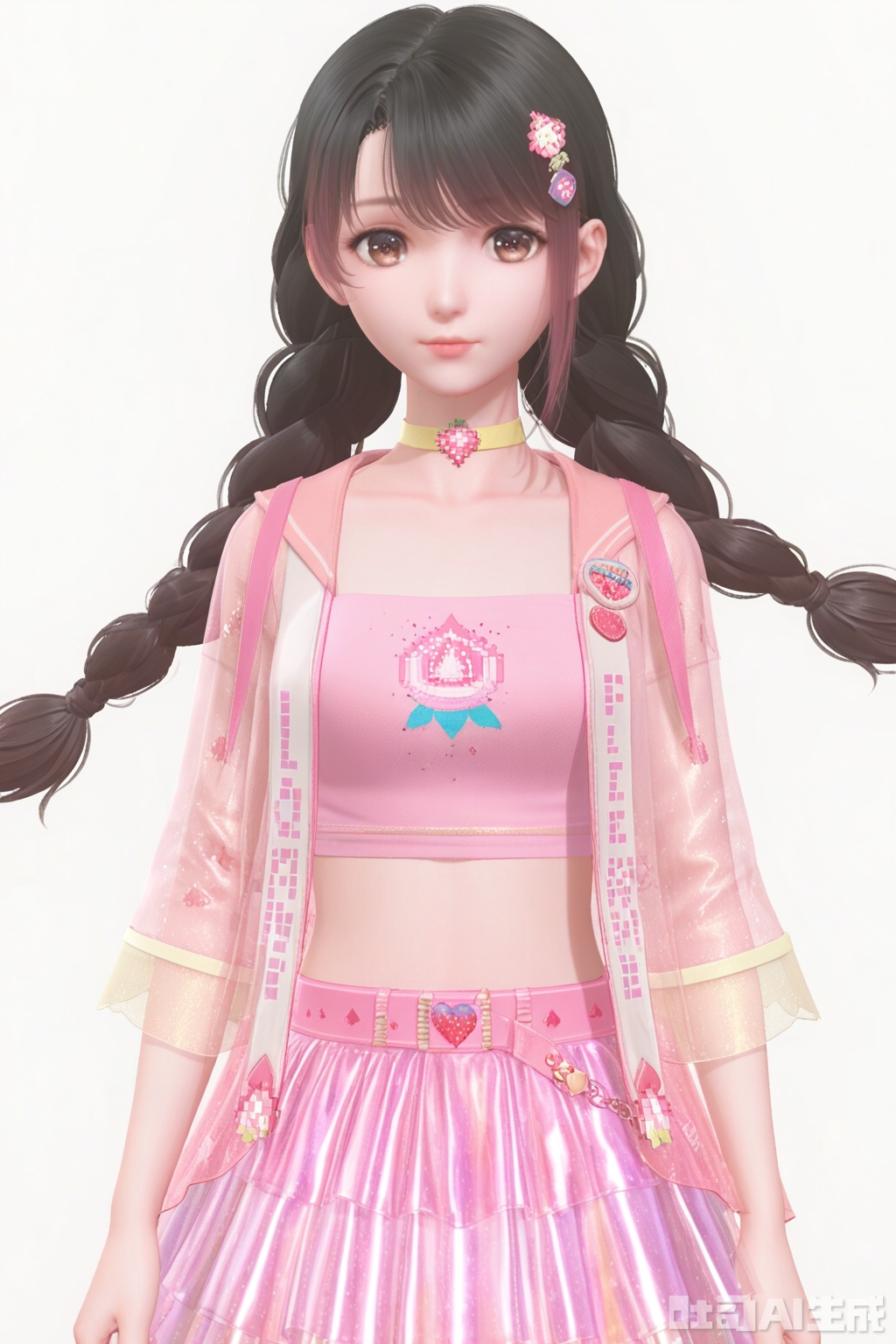 1girl, solo, long hair, looking at viewer, bangs, skirt, simple background, brown hair, black hair, hair ornament, white background, brown eyes, standing, jacket, braid, heart, choker, midriff, belt, twin braids, crop top, see-through, pink skirt, see-through sleeves