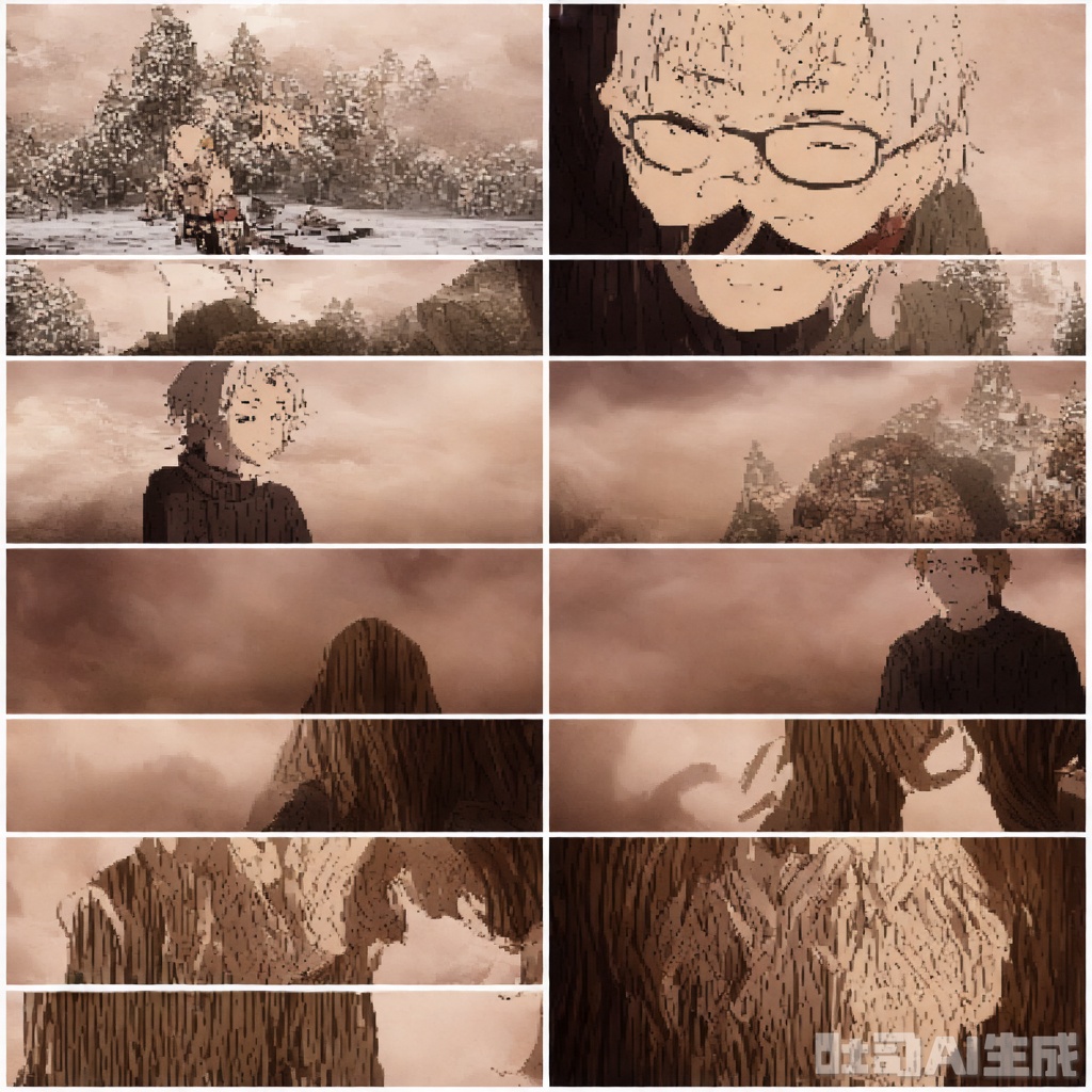 (A striking 8-image collage from a animation-CinematicMasterpiece cinematic), high-resolution, ultra-detailed, epic fantasy landscape, misty atmosphere, lighting, chiaroscuro effect, warm and cold light contrast, soft shadows, realistic yet fantastical, dynamic composition(masterpiece), (best quality), illustration, ultra detailed, hdr, Depth of field, (colorful),Artist:ask (askzy),[Artist:sheya],[Artist:chen bin],solo, 1girl, sweater, simple background, glasses, white background, looking at viewer, brown eyes, upper body, brown hair, turtleneck, long sleeves, blush, turtleneck sweater, ribbed sweater, ponytail, closed mouth, long hair, black sweater, sleeves past wrists, hand up