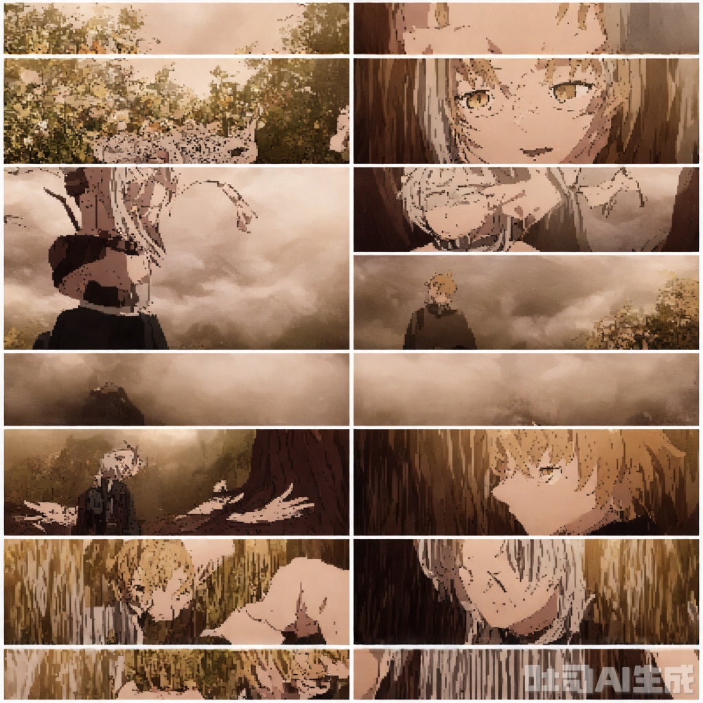 (A striking 8-image collage from a animation-CinematicMasterpiece cinematic), high-resolution, ultra-detailed, epic fantasy landscape, misty atmosphere, lighting, chiaroscuro effect, warm and cold light contrast, soft shadows, realistic yet fantastical, dynamic composition(masterpiece), (best quality), illustration, ultra detailed, hdr, Depth of field, (colorful),Artist:ask (askzy),[Artist:sheya],[Artist:chen bin],solo, 1girl, sweater, simple background, glasses, white background, looking at viewer, brown eyes, upper body, brown hair, turtleneck, long sleeves, blush, turtleneck sweater, ribbed sweater, ponytail, closed mouth, long hair, black sweater, sleeves past wrists, hand up