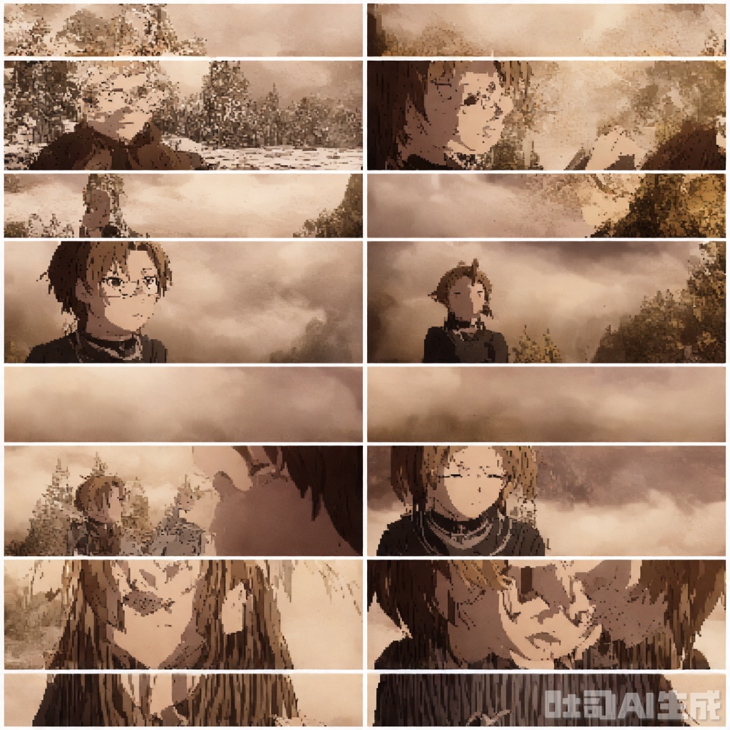 (A striking 8-image collage from a animation-CinematicMasterpiece cinematic), high-resolution, ultra-detailed, epic fantasy landscape, misty atmosphere, lighting, chiaroscuro effect, warm and cold light contrast, soft shadows, realistic yet fantastical, dynamic composition(masterpiece), (best quality), illustration, ultra detailed, hdr, Depth of field, (colorful),Artist:ask (askzy),[Artist:sheya],[Artist:chen bin],solo, 1girl, sweater, simple background, glasses, white background, looking at viewer, brown eyes, upper body, brown hair, turtleneck, long sleeves, blush, turtleneck sweater, ribbed sweater, ponytail, closed mouth, long hair, black sweater, sleeves past wrists, hand up