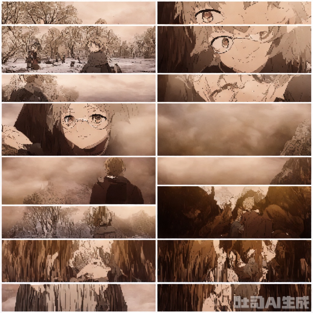 (A striking 8-image collage from a animation-CinematicMasterpiece cinematic), high-resolution, ultra-detailed, epic fantasy landscape, misty atmosphere, lighting, chiaroscuro effect, warm and cold light contrast, soft shadows, realistic yet fantastical, dynamic composition(masterpiece), (best quality), illustration, ultra detailed, hdr, Depth of field, (colorful),Artist:ask (askzy),[Artist:sheya],[Artist:chen bin],solo, 1girl, sweater, simple background, glasses, white background, looking at viewer, brown eyes, upper body, brown hair, turtleneck, long sleeves, blush, turtleneck sweater, ribbed sweater, ponytail, closed mouth, long hair, black sweater, sleeves past wrists, hand up