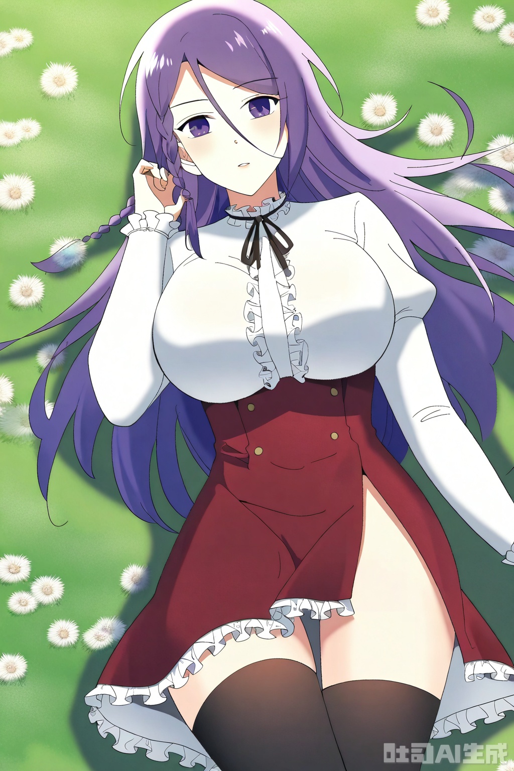 1girl, solo, long hair, breasts, looking at viewer, large breasts, shirt, long sleeves, purple eyes, purple hair, braid, frills, puffy sleeves, side braid, 

Thigh exposed,thighhighs,looking at viewer,in a meadow,in a meadow,