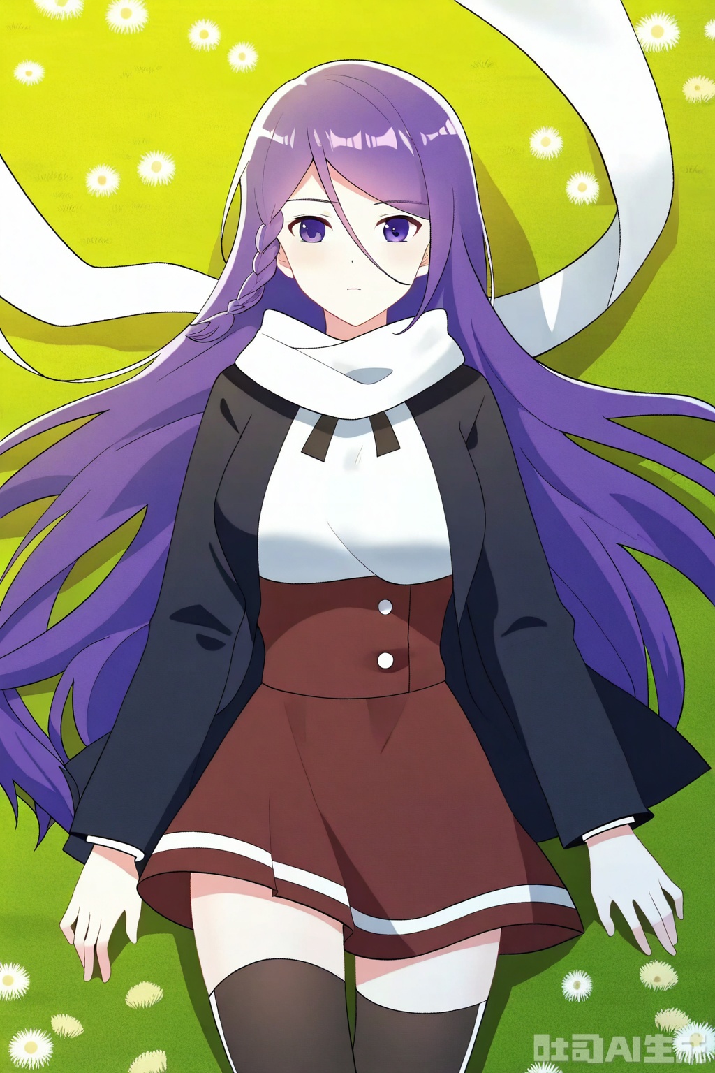 1girl, solo, long hair, looking at viewer,  skirt, very long hair, purple eyes, jacket, purple hair, braid, scarf, side braid, white scarf,



Thigh exposed,thighhighs,looking at viewer,in a meadow,in a meadow,