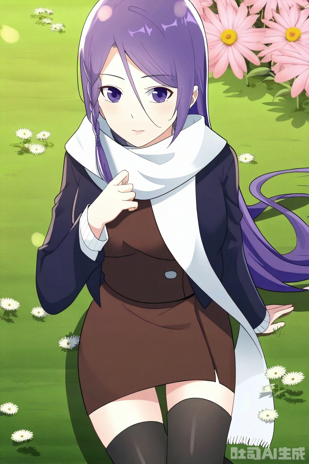 1girl, solo, long hair, looking at viewer,  skirt, very long hair, purple eyes, jacket, purple hair, braid, scarf, side braid, white scarf,



Thigh exposed,thighhighs,looking at viewer,in a meadow,in a meadow,