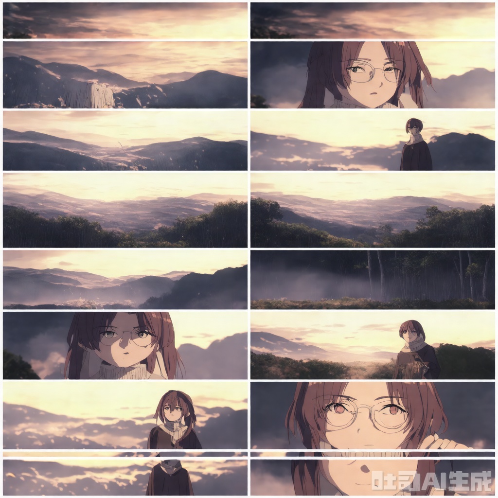 (A striking 8-image collage from a animation-CinematicMasterpiece cinematic), high-resolution, ultra-detailed, epic fantasy landscape, misty atmosphere, lighting, chiaroscuro effect, warm and cold light contrast, soft shadows, realistic yet fantastical, dynamic composition(masterpiece), (best quality), illustration, ultra detailed, hdr, Depth of field, (colorful),Artist:ask (askzy),[Artist:sheya],[Artist:chen bin],solo, 1girl, sweater, simple background, glasses, white background, looking at viewer, brown eyes, upper body, brown hair, turtleneck, long sleeves, blush, turtleneck sweater, ribbed sweater, ponytail, closed mouth, long hair, black sweater, sleeves past wrists, hand up