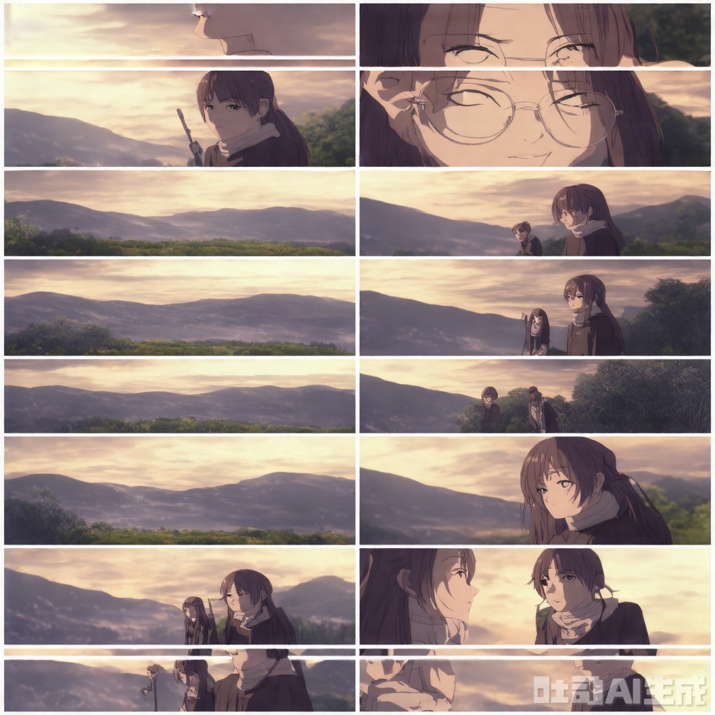 (A striking 8-image collage from a animation-CinematicMasterpiece cinematic), high-resolution, ultra-detailed, epic fantasy landscape, misty atmosphere, lighting, chiaroscuro effect, warm and cold light contrast, soft shadows, realistic yet fantastical, dynamic composition(masterpiece), (best quality), illustration, ultra detailed, hdr, Depth of field, (colorful),Artist:ask (askzy),[Artist:sheya],[Artist:chen bin],solo, 1girl, sweater, simple background, glasses, white background, looking at viewer, brown eyes, upper body, brown hair, turtleneck, long sleeves, blush, turtleneck sweater, ribbed sweater, ponytail, closed mouth, long hair, black sweater, sleeves past wrists, hand up