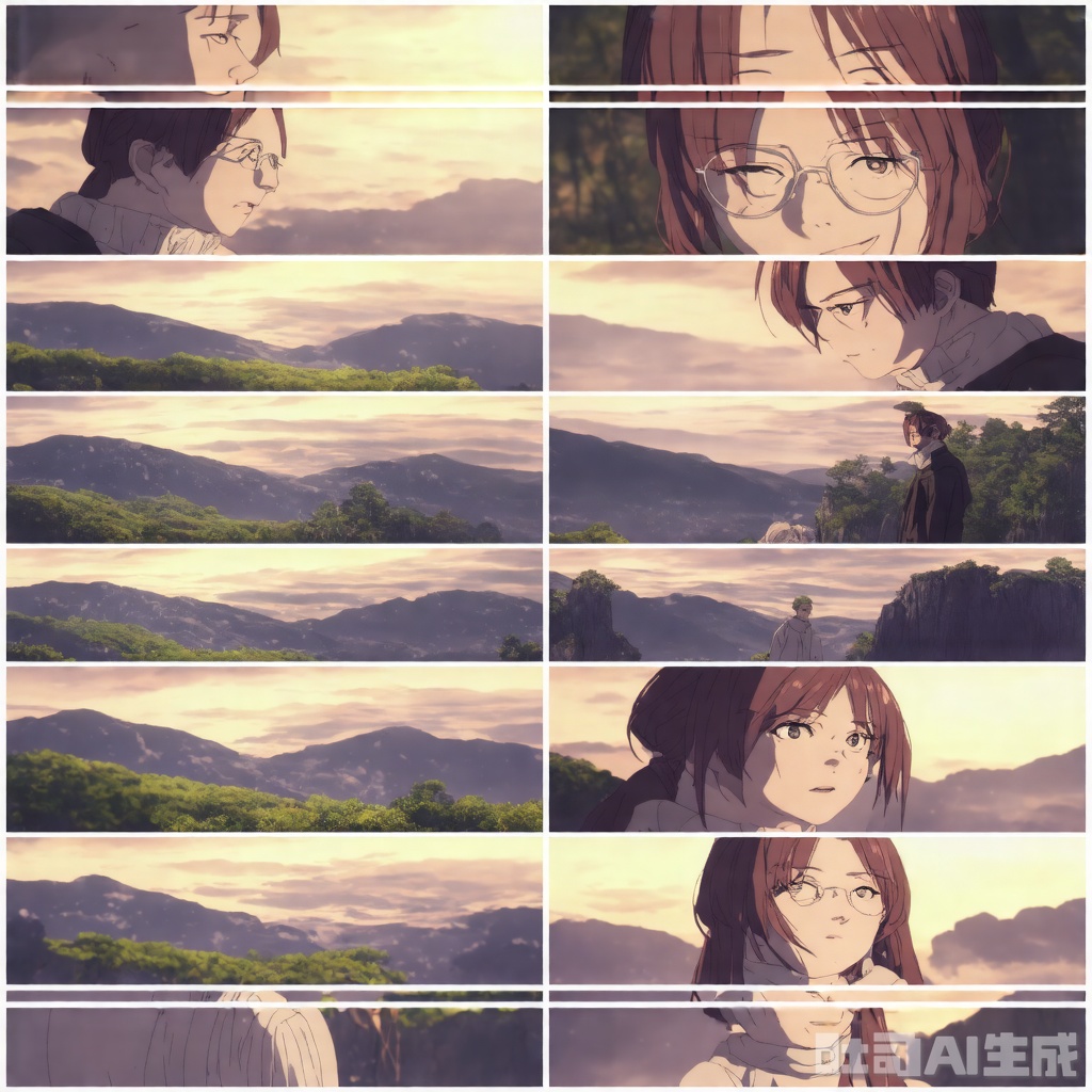 (A striking 8-image collage from a animation-CinematicMasterpiece cinematic), high-resolution, ultra-detailed, epic fantasy landscape, misty atmosphere, lighting, chiaroscuro effect, warm and cold light contrast, soft shadows, realistic yet fantastical, dynamic composition(masterpiece), (best quality), illustration, ultra detailed, hdr, Depth of field, (colorful),Artist:ask (askzy),[Artist:sheya],[Artist:chen bin],solo, 1girl, sweater, simple background, glasses, white background, looking at viewer, brown eyes, upper body, brown hair, turtleneck, long sleeves, blush, turtleneck sweater, ribbed sweater, ponytail, closed mouth, long hair, black sweater, sleeves past wrists, hand up