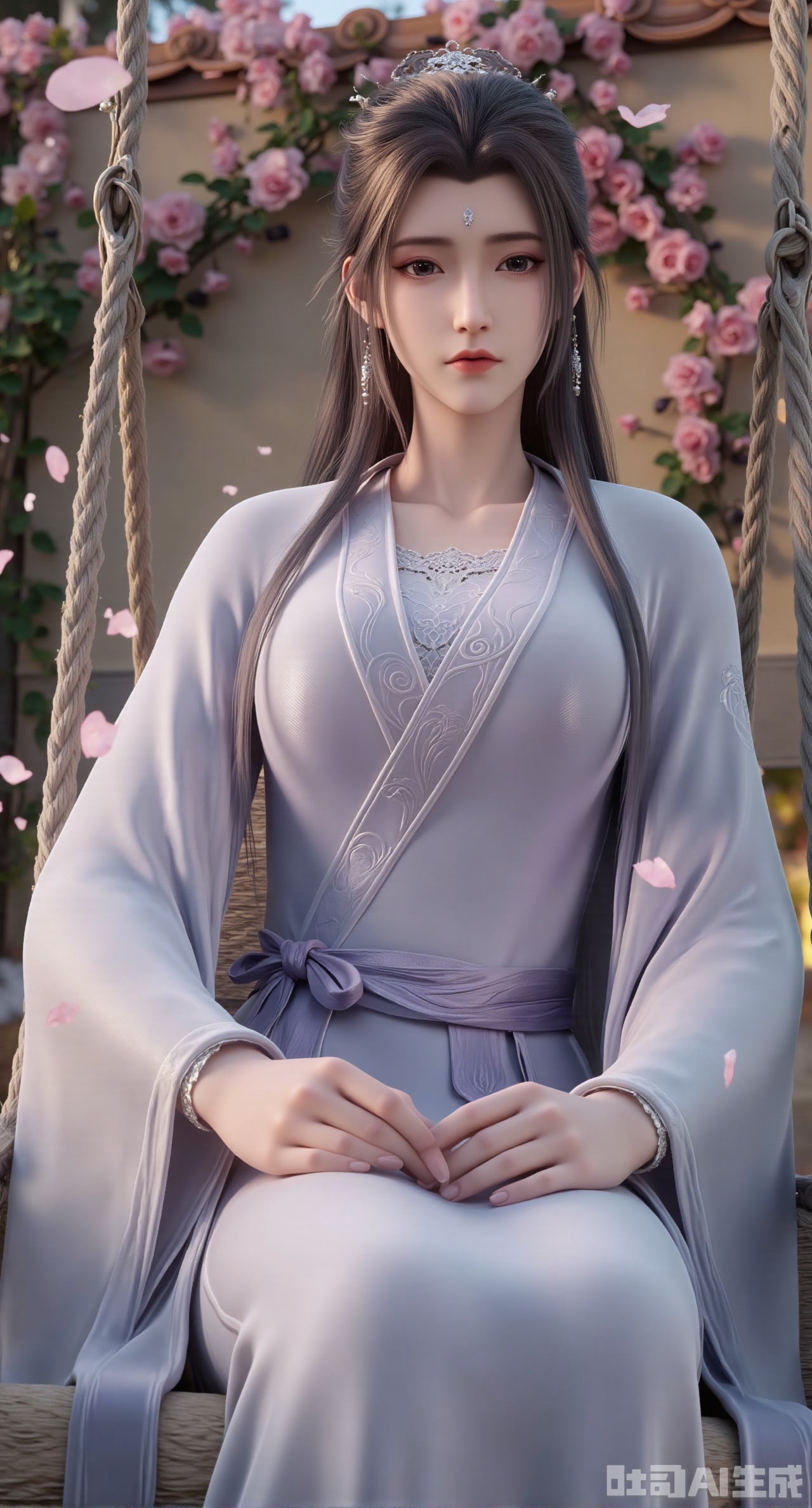 (masterpiece:1.2),best quality,(UE5.5,rendered with Unreal Engine 5,Unreal Engine 5,CG rendering:1.1),A flower courtesan wearing a jadeite hair crown dons a moon-white bellyband embroidered with grape vine patterns, paired with a light purple wide-sleeved ruqun. Sitting on a swing surrounded by blooming flowers, she plays the zheng. As she plucks the strings, falling pear blossoms dance with the musical notes. Behind her, a courtyard wall is covered with climbing roses, and sunlight rims her figure with gold. Transparent texture of jadeite, draping effect of silk, detailed strings of the zheng, falling petal trajectories, bright and soft color tones, 8K resolution, fine dynamic rendering, romantic spring atmosphere.,(huge breasts:2.99),(full breasts:2.99),Xgechuanguangchongstyle,Xyuanxionggirl,Xyunxiao,XyunxiaoYK,Xdixionglianyiqun,Xmiaozufushi,Xqilinxianzi,XTifaLockhart,Xjinshenjianshenfu,Xluxueqishuiyi,Xhongqipao