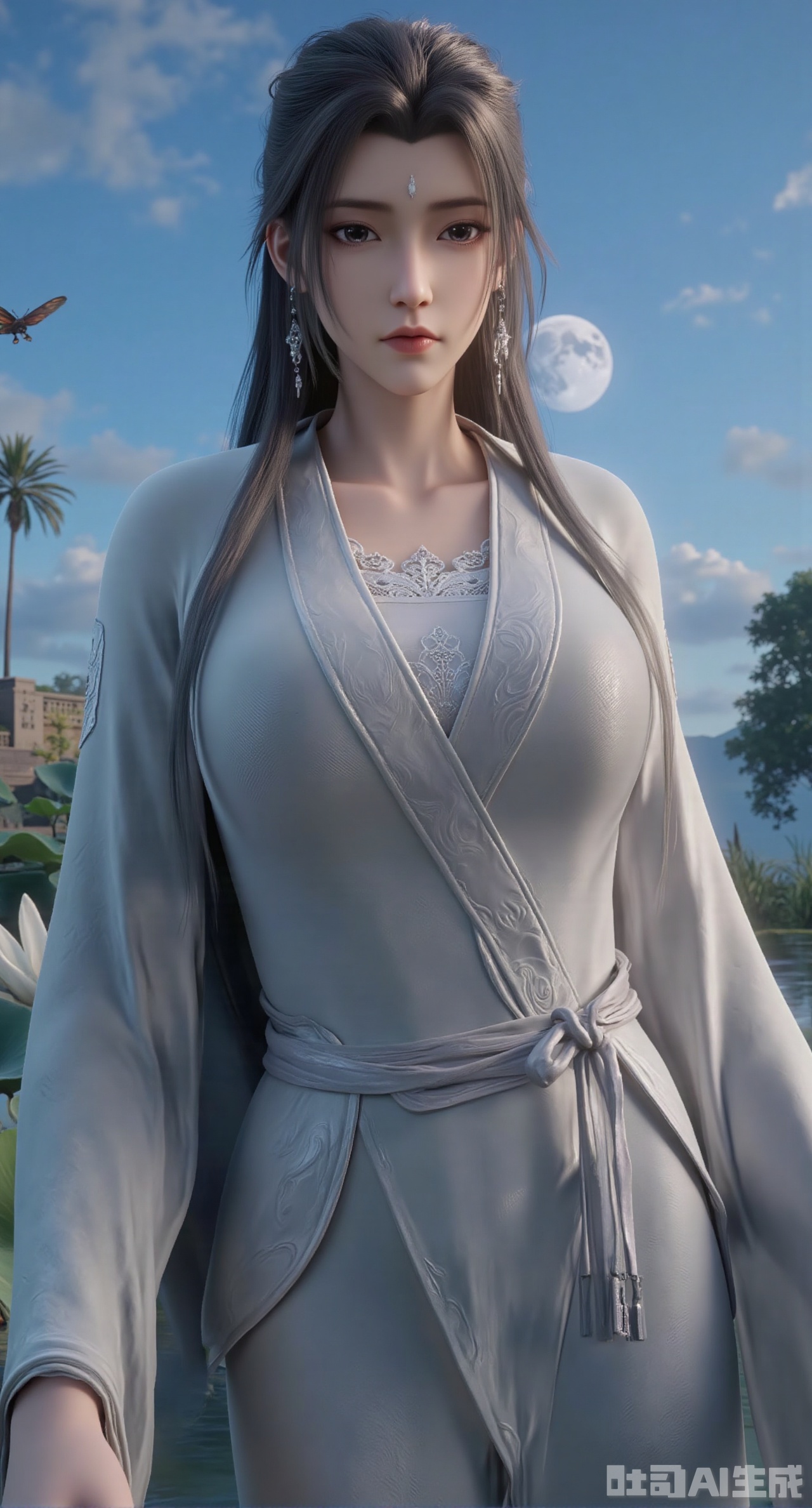 (masterpiece:1.2),best quality,(UE5.5,rendered with Unreal Engine 5,Unreal Engine 5,CG rendering:1.1), highres, extremely detailed, 1girl,(long hair:1.26),School Uniform,looking at viewer, whole body,(big breasts:2.69),Depth of field, (butterflies, ultra detailed, glary,Light, light particles,glitter,reflect:1.29),(huge breasts:2.99), (full breasts:2.99),background, solo, makeup,(Lotus,Water Lily,Blue sky,full moon:1.39),(Lotus pond,ancient Chinese architecture:1.39),Xgechuanguangchongstyle,Xyuanxionggirl,Xyunxiao,XyunxiaoYK,Xdixionglianyiqun,Xmiaozufushi,Xqilinxianzi,XTifaLockhart,Xjinshenjianshenfu,Xluxueqishuiyi,Xhongqipao