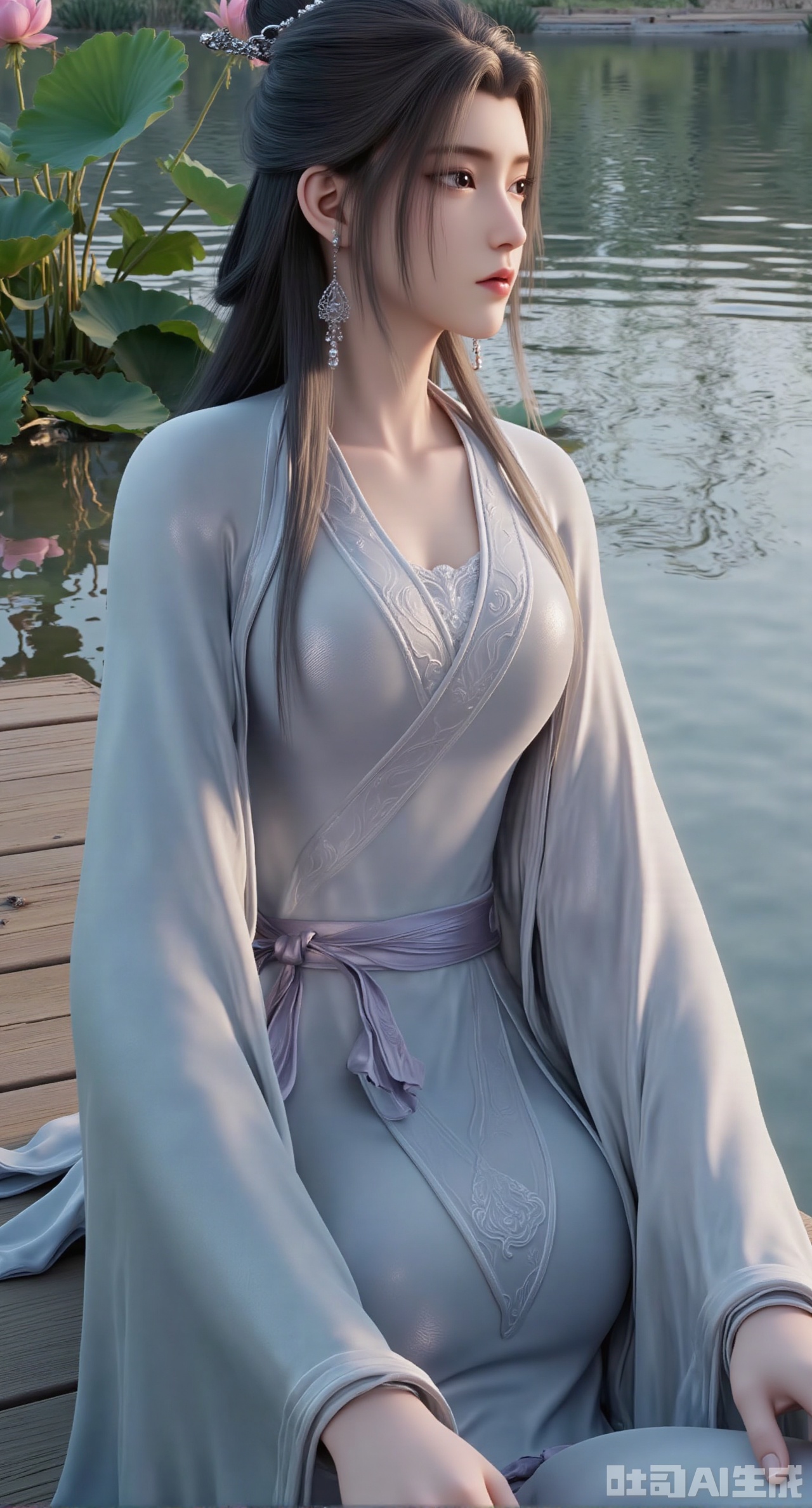 (masterpiece:1.2),best quality,(UE5.5,rendered with Unreal Engine 5,Unreal Engine 5,CG rendering:1.1), An elegant beauty dons a lotus-pink quju dress embroidered with twin lotus flowers, draped in a light blue sheer shawl. Sitting on a wooden platform by the water, she plays the guqin. Her reflection shimmers on the water below, and behind her lies a lotus pond in full bloom. Morning light gilds her hair. Fine embroidery stitches, refractive effect of translucent fabric, ripples and reflections on the water, soft morning light diffusion, draping effect of silk fabric, Chinese-style illustration style.(huge breasts:2.99), (full breasts:2.99),,Xgechuanguangchongstyle,Xyuanxionggirl,Xyunxiao,XyunxiaoYK,Xdixionglianyiqun,Xmiaozufushi,Xqilinxianzi,XTifaLockhart,Xjinshenjianshenfu,Xluxueqishuiyi,Xhongqipao