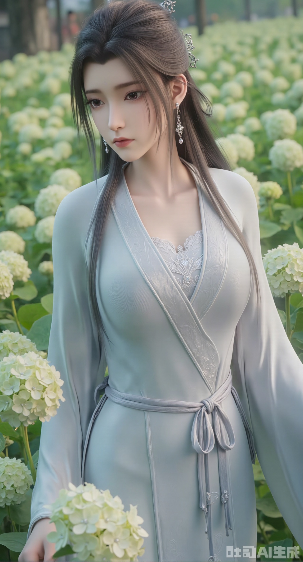 (masterpiece:1.2),best quality,absurdres,masterpiece,original,extremely detailed wallpaper,perfect lighting,1girl,solo,looking at viewer,(cowboy_shot:1.3),long hair,high heels,blurry background,depth of field,motion blur,(long dress:1.23),china_dress,chinese_style,bare shouders,crystal_earrings,headpiece,hair_tie,chest_jewel,gem,necklace,jewelry,in summer,day,outdoors,nature,garden,,(standing,Hydrangea, Hydrangea Field:1.69),(huge breasts:2.99),(full breasts:2.99),,Xgechuanguangchongstyle,Xyuanxionggirl,Xyunxiao,XyunxiaoYK,Xdixionglianyiqun,Xmiaozufushi,Xqilinxianzi,XTifaLockhart,Xjinshenjianshenfu,Xluxueqishuiyi,Xhongqipao