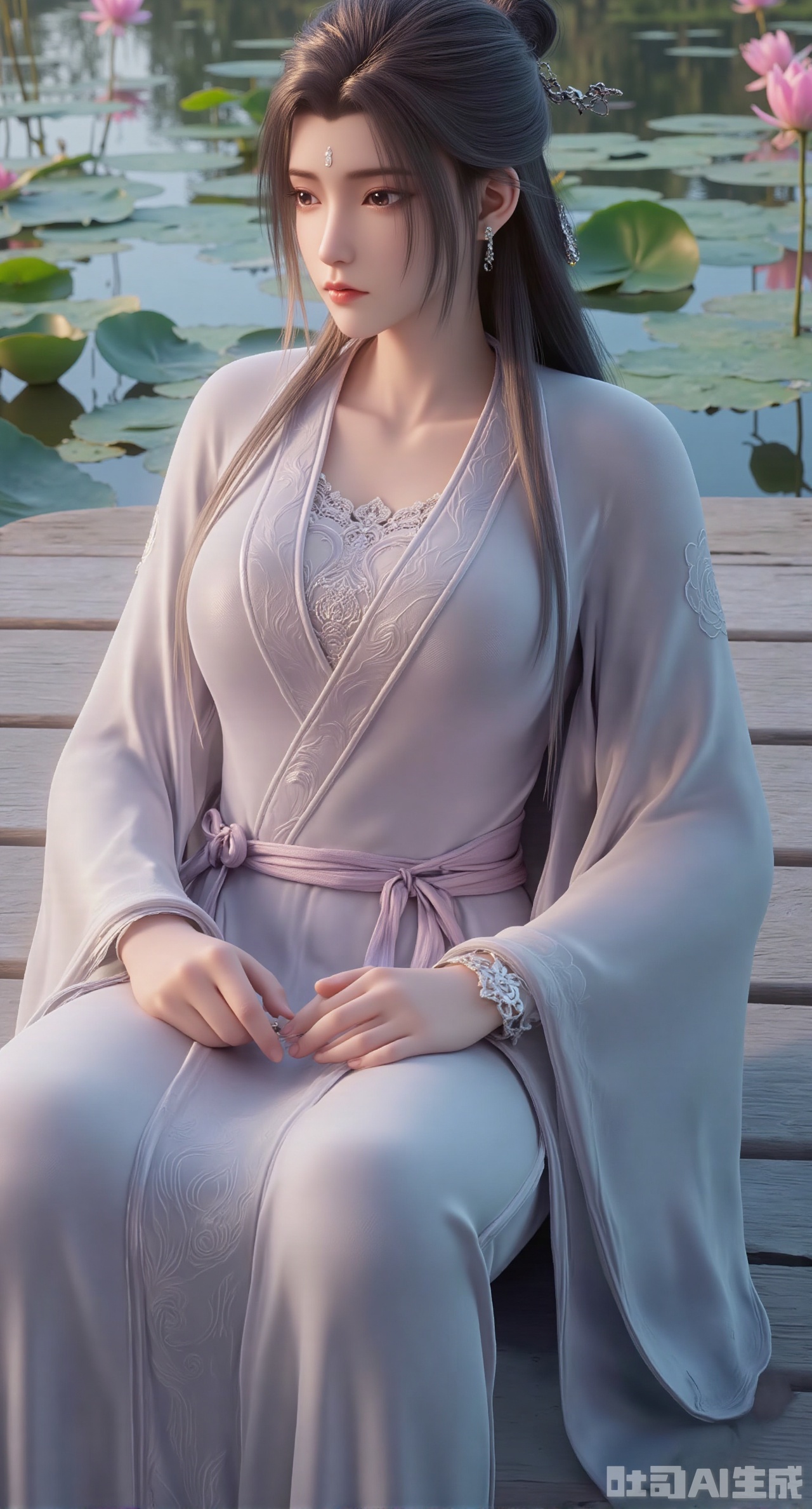 (masterpiece:1.2),best quality,(UE5.5,rendered with Unreal Engine 5,Unreal Engine 5,CG rendering:1.1), An elegant beauty dons a lotus-pink quju dress embroidered with twin lotus flowers, draped in a light blue sheer shawl. Sitting on a wooden platform by the water, she plays the guqin. Her reflection shimmers on the water below, and behind her lies a lotus pond in full bloom. Morning light gilds her hair. Fine embroidery stitches, refractive effect of translucent fabric, ripples and reflections on the water, soft morning light diffusion, draping effect of silk fabric, Chinese-style illustration style.(huge breasts:2.99), (full breasts:2.99),,Xgechuanguangchongstyle,Xyuanxionggirl,Xyunxiao,XyunxiaoYK,Xdixionglianyiqun,Xmiaozufushi,Xqilinxianzi,XTifaLockhart,Xjinshenjianshenfu,Xluxueqishuiyi,Xhongqipao