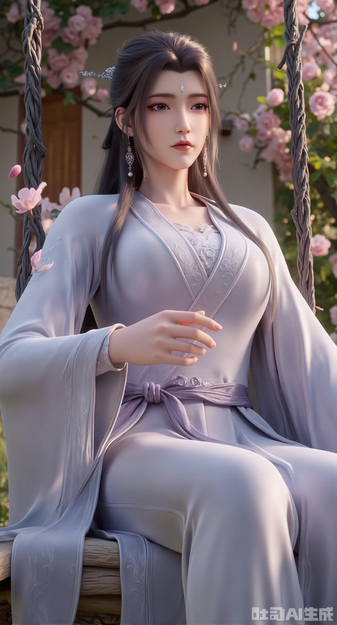 (masterpiece:1.2),best quality,(UE5.5,rendered with Unreal Engine 5,Unreal Engine 5,CG rendering:1.1),A flower courtesan wearing a jadeite hair crown dons a moon-white bellyband embroidered with grape vine patterns, paired with a light purple wide-sleeved ruqun. Sitting on a swing surrounded by blooming flowers, she plays the zheng. As she plucks the strings, falling pear blossoms dance with the musical notes. Behind her, a courtyard wall is covered with climbing roses, and sunlight rims her figure with gold. Transparent texture of jadeite, draping effect of silk, detailed strings of the zheng, falling petal trajectories, bright and soft color tones, 8K resolution, fine dynamic rendering, romantic spring atmosphere.,(huge breasts:2.99),(full breasts:2.99),Xgechuanguangchongstyle,Xyuanxionggirl,Xyunxiao,XyunxiaoYK,Xdixionglianyiqun,Xmiaozufushi,Xqilinxianzi,XTifaLockhart,Xjinshenjianshenfu,Xluxueqishuiyi,Xhongqipao