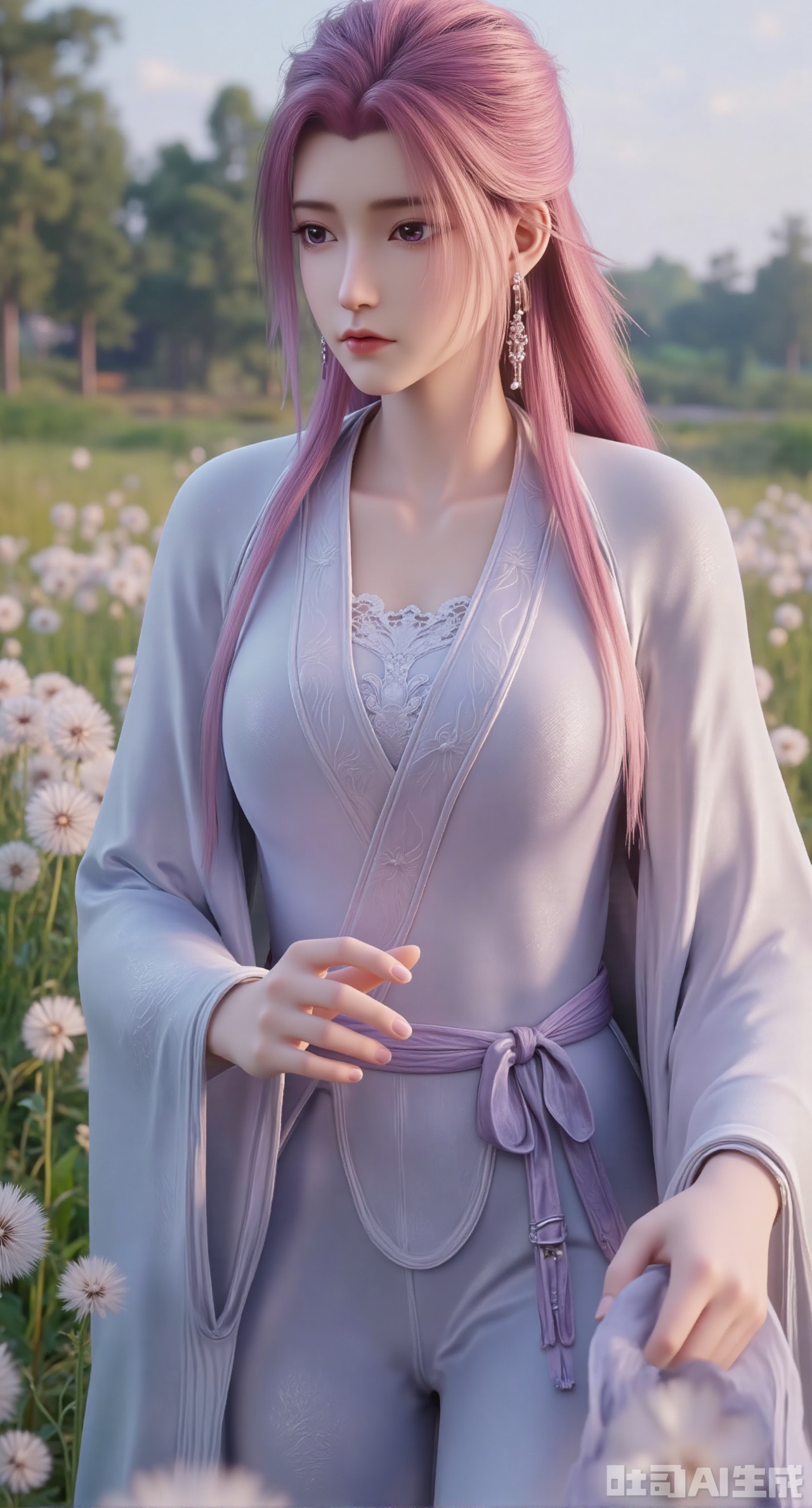 (masterpiece, best quality:1.2), An ethereal goddess with waist-length, wavy pink hair that seems to carry a gentle glow. She dons a flowing, lavender hanfu embroidered with delicate butterfly wings that flutter softly in an unseen breeze. She floats gracefully above a field of glowing dandelions, her expression serene and otherworldly. Glowing highlights, soft focus, pastel color palette, whimsical style.,(huge breasts:2.99), (full breasts:2.99),Xgechuanguangchongstyle,Xyuanxionggirl,Xyunxiao,XyunxiaoYK,Xdixionglianyiqun,Xmiaozufushi,Xqilinxianzi,XTifaLockhart,Xjinshenjianshenfu,Xluxueqishuiyi,Xhongqipao