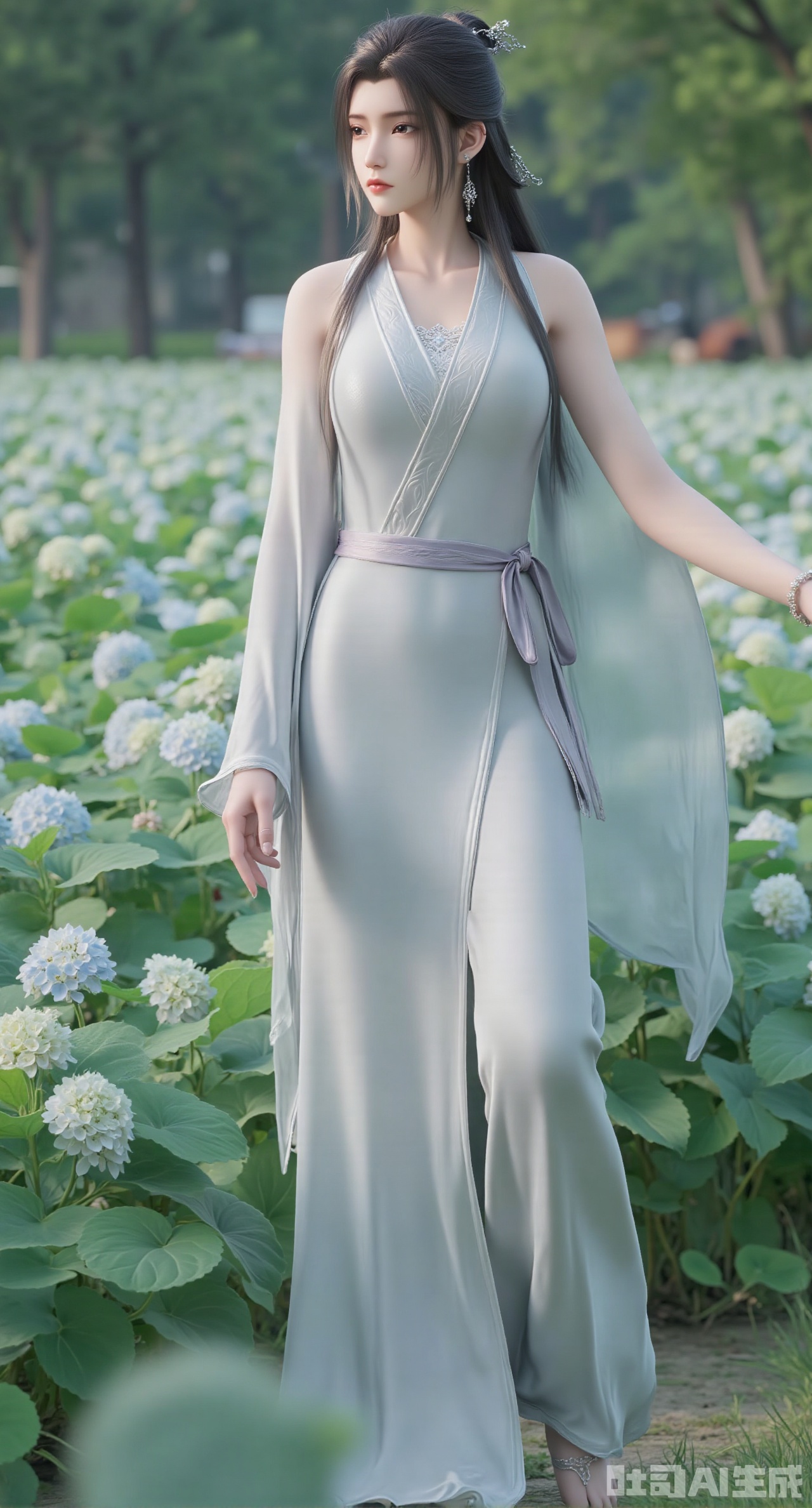 (masterpiece:1.2),best quality,absurdres,masterpiece,original,extremely detailed wallpaper,perfect lighting,1girl,solo,looking at viewer,(cowboy_shot:1.3),long hair,high heels,blurry background,depth of field,motion blur,(long dress:1.23),china_dress,chinese_style,bare shouders,crystal_earrings,headpiece,hair_tie,chest_jewel,gem,necklace,jewelry,in summer,day,outdoors,nature,garden,,(standing,Hydrangea, Hydrangea Field:1.69),(huge breasts:2.99),(full breasts:2.99),,Xgechuanguangchongstyle,Xyuanxionggirl,Xyunxiao,XyunxiaoYK,Xdixionglianyiqun,Xmiaozufushi,Xqilinxianzi,XTifaLockhart,Xjinshenjianshenfu,Xluxueqishuiyi,Xhongqipao