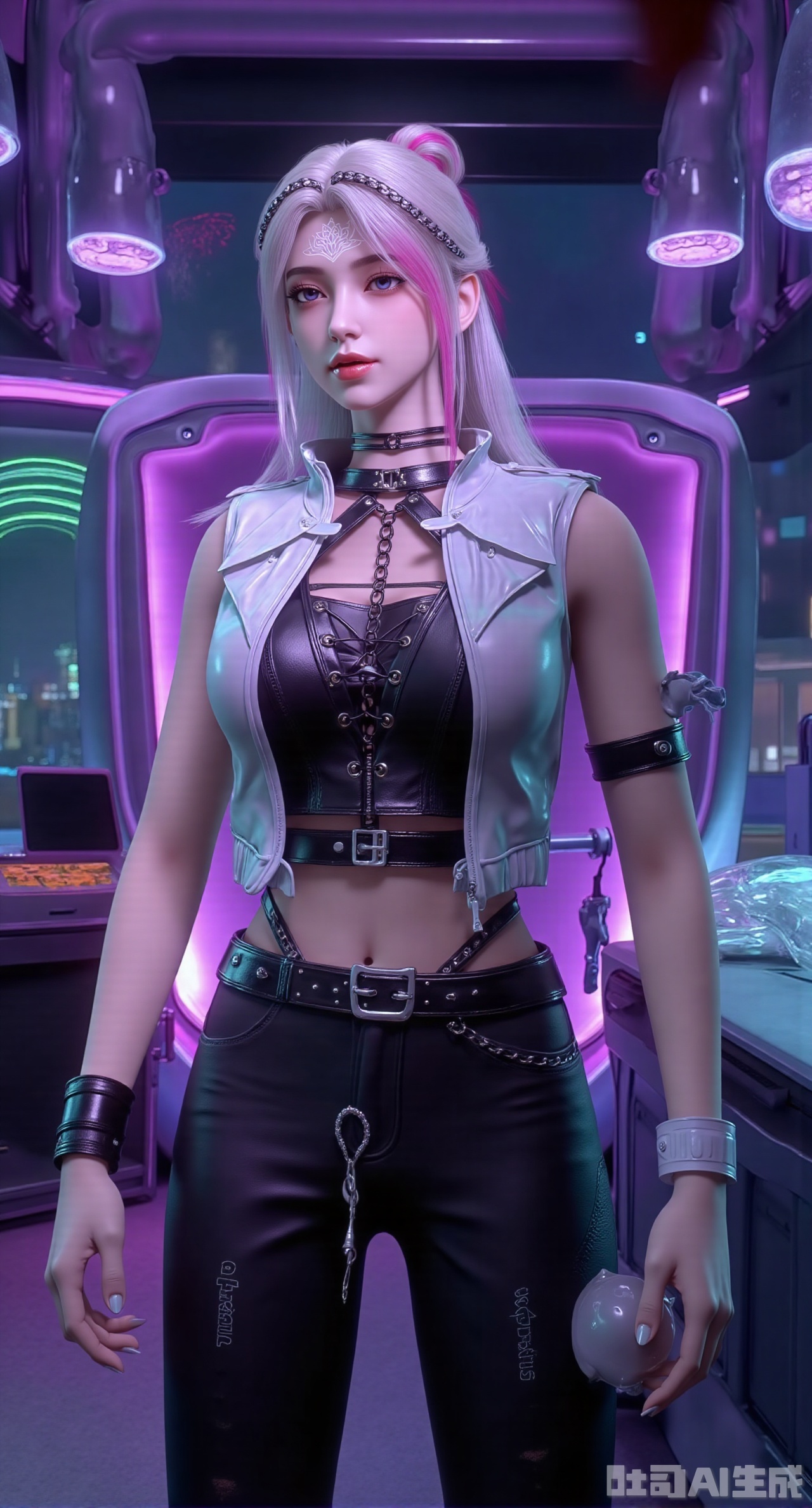 (masterpiece, best quality:1.2),Mechanical cyborg girl with a shaved head and silver cranial tattoo stickers, exposed mechanical shoulder joints, wearing a split glowing fiber outfit—a cropped stomach-baring top and high-waist wide-leg e-fabric pants, with transparent hoses at the waist connecting to an energy core, showing a six-pack and slender waist. The scene is a floating neon market with transparent pipes carrying fluorescent liquid, floating stalls selling bionic organs and holographic pets, and purple acid rain rippling on energy shields. 8K hyper-realistic, precise metallic reflections, layered glowing fabrics, realistic skin-mech interfaces, and complex natural environmental lighting.(huge breasts:2.99),(full breasts:2.99),Xdongjixiaofu,Xlanbaixiaofu,XkjwjlzyY,XLiquidGlass,XiPhone17Pro,Xshuilian,XzhuxianbiyaoX,XnaiqiXY,Xzihanfu,Xzhiguangxishiyouxihuafei,Xqiyaoruqunhanfu,Xwangxixianzi,Xsanshang,Xyujiafu,Xnanxiaochen,Xloubeimaoyi