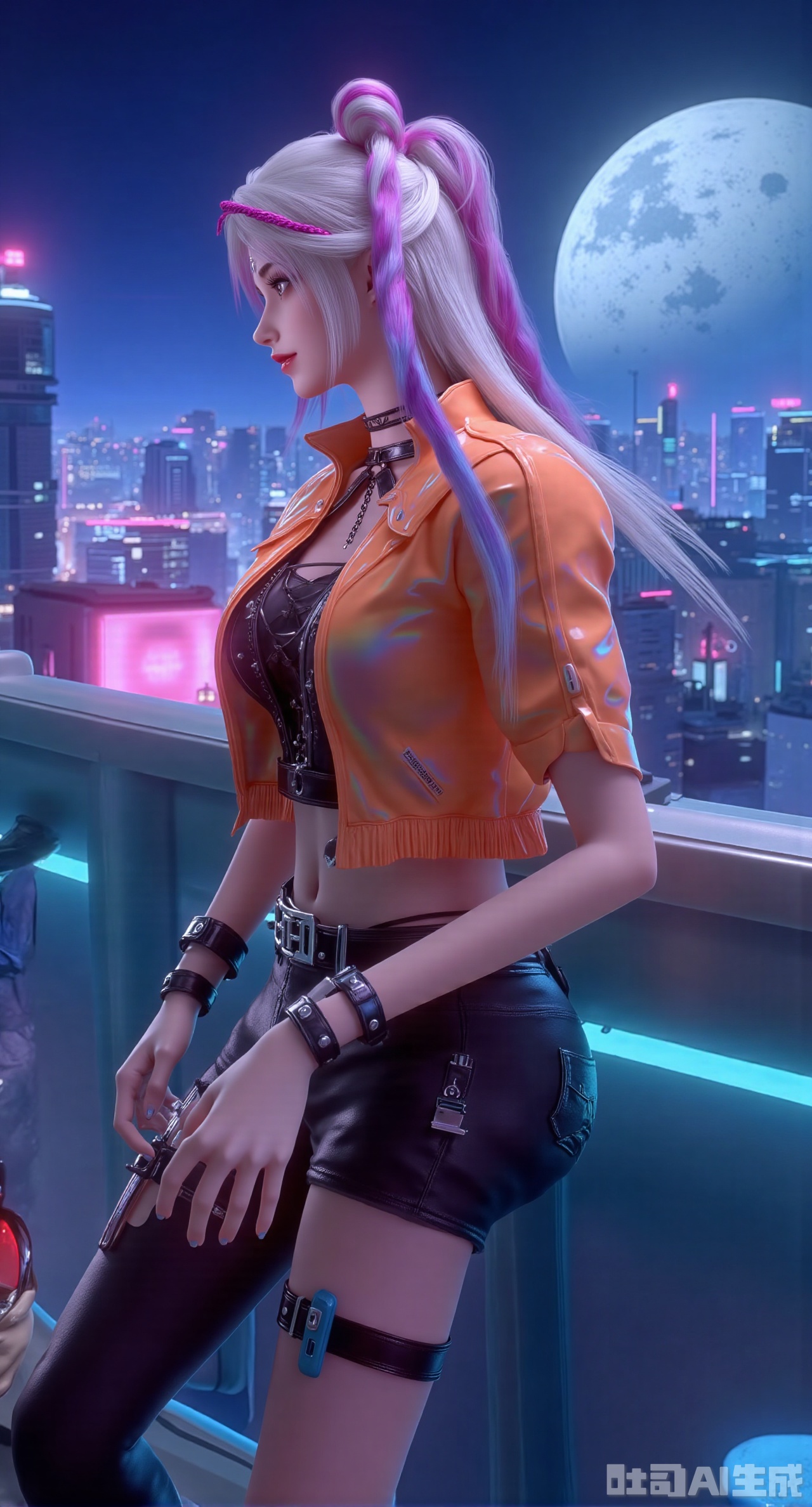 (masterpiece, best quality:1.2),twin tails in gradient purple-blue, ear bone chains connected to mini projectors, wearing a cropped neon orange tactical jacket over a silver crop top, a leather belt with tactical pockets at the waist, slim jeans with glowing roller skates, showing a peachy hip and straight legs. The background is a future city rooftop with a giant holographic moon, floating ecological dome cities in the distance, neon strips flowing on metal railings, and drone swarms crossing the indigo sky. Movie-level quality, HDR high dynamic range, intense color saturation, natural fabric wrinkles and light refraction, clear skin pore details..(huge breasts:2.99),(full breasts:2.99),Xdongjixiaofu,Xlanbaixiaofu,XkjwjlzyY,XLiquidGlass,XiPhone17Pro,Xshuilian,XzhuxianbiyaoX,XnaiqiXY,Xzihanfu,Xzhiguangxishiyouxihuafei,Xqiyaoruqunhanfu,Xwangxixianzi,Xsanshang,Xyujiafu,Xnanxiaochen,Xloubeimaoyi