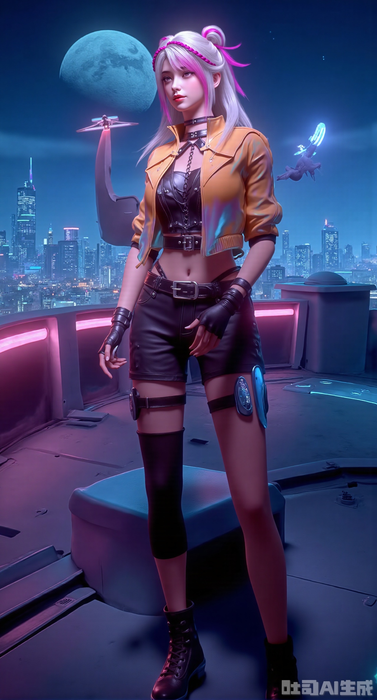 (masterpiece, best quality:1.2),twin tails in gradient purple-blue, ear bone chains connected to mini projectors, wearing a cropped neon orange tactical jacket over a silver crop top, a leather belt with tactical pockets at the waist, slim jeans with glowing roller skates, showing a peachy hip and straight legs. The background is a future city rooftop with a giant holographic moon, floating ecological dome cities in the distance, neon strips flowing on metal railings, and drone swarms crossing the indigo sky. Movie-level quality, HDR high dynamic range, intense color saturation, natural fabric wrinkles and light refraction, clear skin pore details..(huge breasts:2.99),(full breasts:2.99),Xdongjixiaofu,Xlanbaixiaofu,XkjwjlzyY,XLiquidGlass,XiPhone17Pro,Xshuilian,XzhuxianbiyaoX,XnaiqiXY,Xzihanfu,Xzhiguangxishiyouxihuafei,Xqiyaoruqunhanfu,Xwangxixianzi,Xsanshang,Xyujiafu,Xnanxiaochen,Xloubeimaoyi