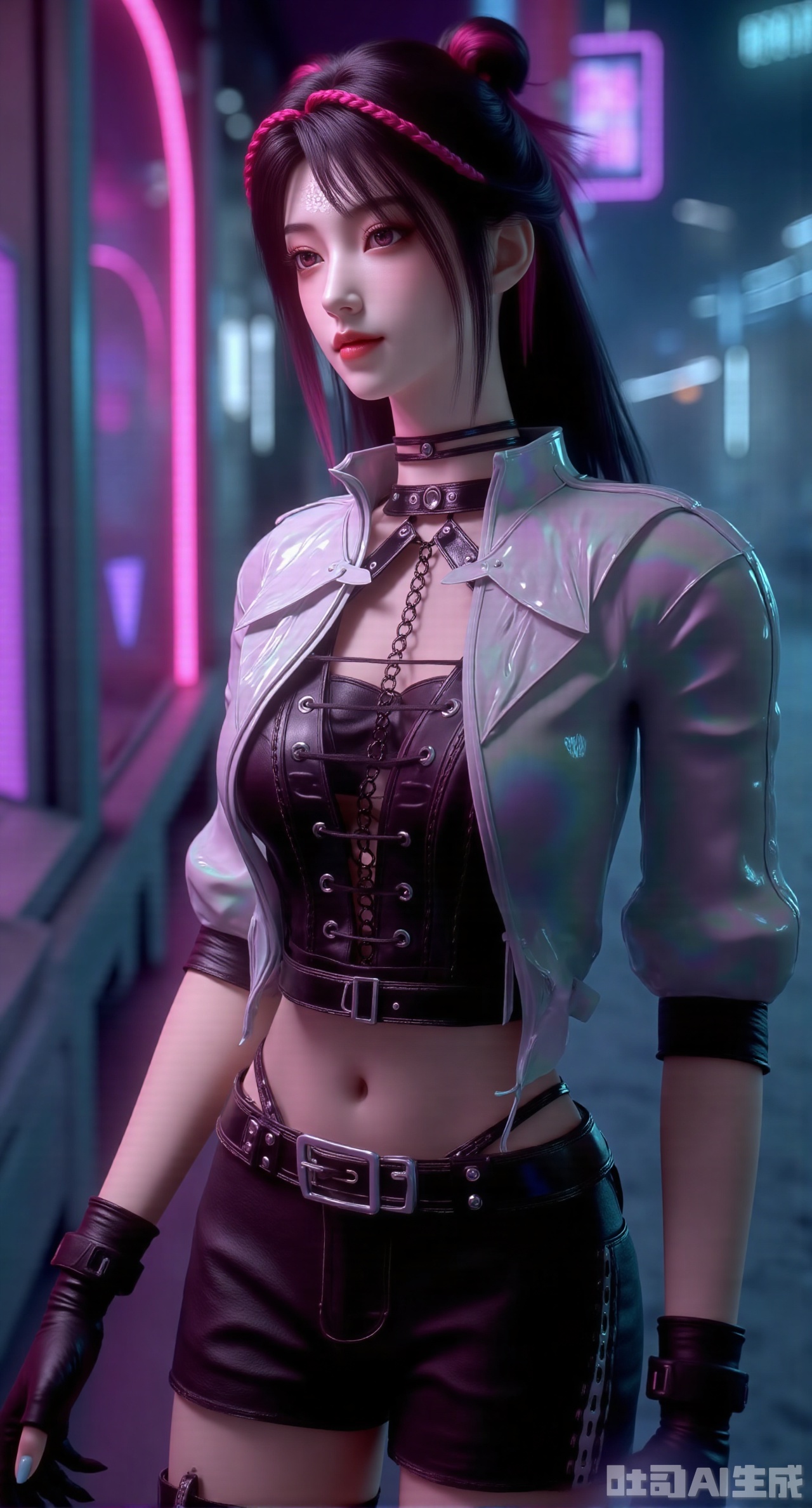 (masterpiece, best quality:1.2),Cyber qipao girl with long straight black hair, a pearl data necklace, wearing a modified cyber qipao—high collar with shoulder cutouts, cinched waist highlighting a slender torso, LED-embedded thigh-high slits, paired with over-the-knee boots and mechanical gloves. The scene is a neon street in Future Orient City, where traditional lanterns coexist with holographic shikigami projections, vending machines sell neural chips, and rain evaporates into purple mist on electronic runes. 4K ultra-high definition, delicate silk texture, soft LED lighting, smooth fair skin, East-West blended environment, rich light layers.(huge breasts:2.99),(full breasts:2.99),Xdongjixiaofu,Xlanbaixiaofu,XkjwjlzyY,XLiquidGlass,XiPhone17Pro,Xshuilian,XzhuxianbiyaoX,XnaiqiXY,Xzihanfu,Xzhiguangxishiyouxihuafei,Xqiyaoruqunhanfu,Xwangxixianzi,Xsanshang,Xyujiafu,Xnanxiaochen,Xloubeimaoyi