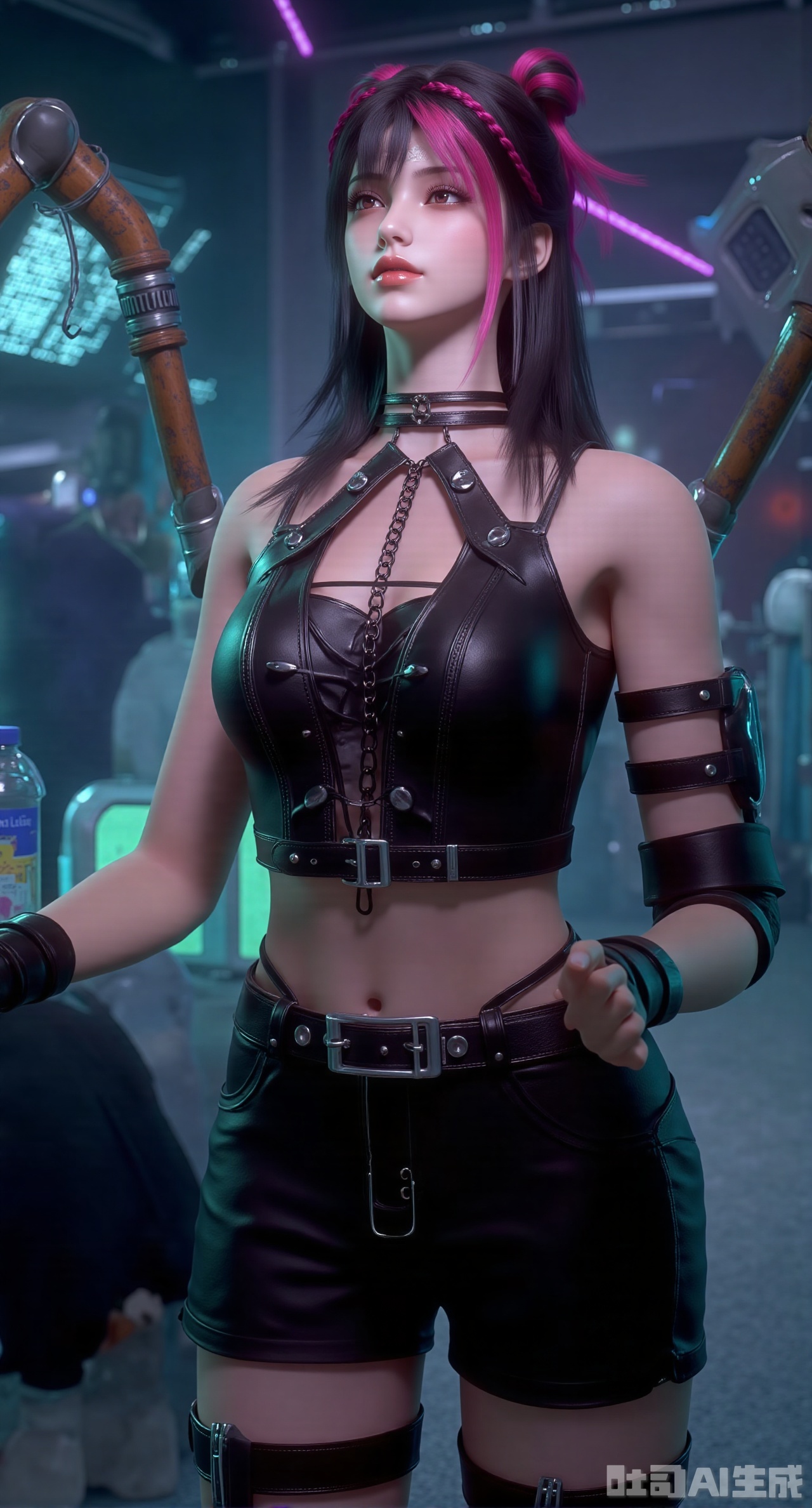 (masterpiece, best quality:1.2),Dark cyberpunk girl with black hair streaked with neon pink, a data cable necklace, wearing a translucent mesh backless top over a glowing fiber bodysuit that highlights her full bust and slender waist, paired with leather shorts and mechanical exoskeleton leg guards, showing smooth muscle lines. The scene is an abandoned future lab where rusted mechanical arms coexist with holographic data screens, fluorescent reagent bottles litter the ground, and purple laser beams pierce floating electronic smoke. Extreme details, 4K resolution, interwoven cold light sources and warm glitch effects, moderate skin gloss, strong metallic texture, and rich clothing layers..(huge breasts:2.99),(full breasts:2.99),Xdongjixiaofu,Xlanbaixiaofu,XkjwjlzyY,XLiquidGlass,XiPhone17Pro,Xshuilian,XzhuxianbiyaoX,XnaiqiXY,Xzihanfu,Xzhiguangxishiyouxihuafei,Xqiyaoruqunhanfu,Xwangxixianzi,Xsanshang,Xyujiafu,Xnanxiaochen,Xloubeimaoyi