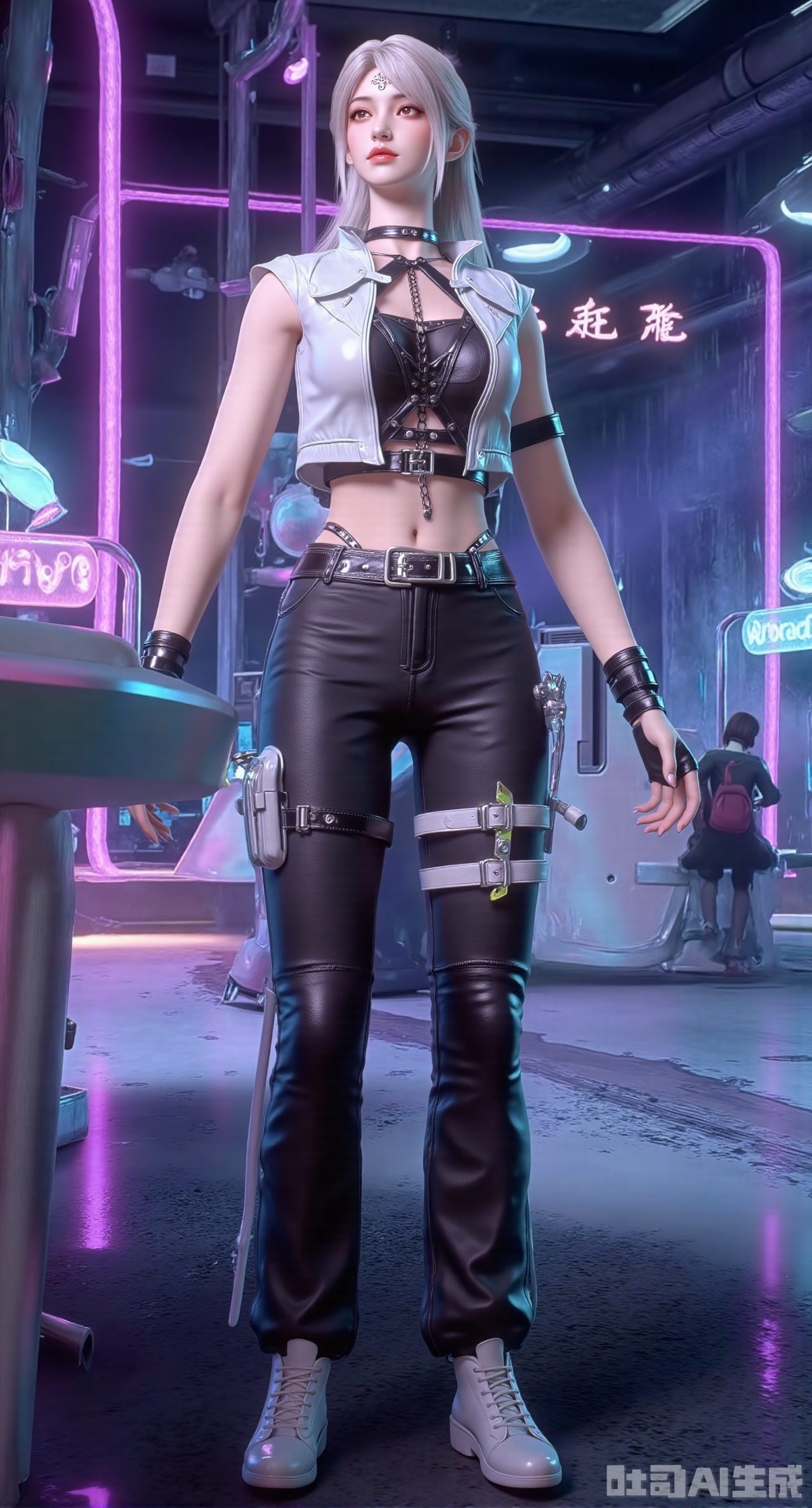 (masterpiece, best quality:1.2),Mechanical cyborg girl with a shaved head and silver cranial tattoo stickers, exposed mechanical shoulder joints, wearing a split glowing fiber outfit—a cropped stomach-baring top and high-waist wide-leg e-fabric pants, with transparent hoses at the waist connecting to an energy core, showing a six-pack and slender waist. The scene is a floating neon market with transparent pipes carrying fluorescent liquid, floating stalls selling bionic organs and holographic pets, and purple acid rain rippling on energy shields. 8K hyper-realistic, precise metallic reflections, layered glowing fabrics, realistic skin-mech interfaces, and complex natural environmental lighting.(huge breasts:2.99),(full breasts:2.99),Xdongjixiaofu,Xlanbaixiaofu,XkjwjlzyY,XLiquidGlass,XiPhone17Pro,Xshuilian,XzhuxianbiyaoX,XnaiqiXY,Xzihanfu,Xzhiguangxishiyouxihuafei,Xqiyaoruqunhanfu,Xwangxixianzi,Xsanshang,Xyujiafu,Xnanxiaochen,Xloubeimaoyi