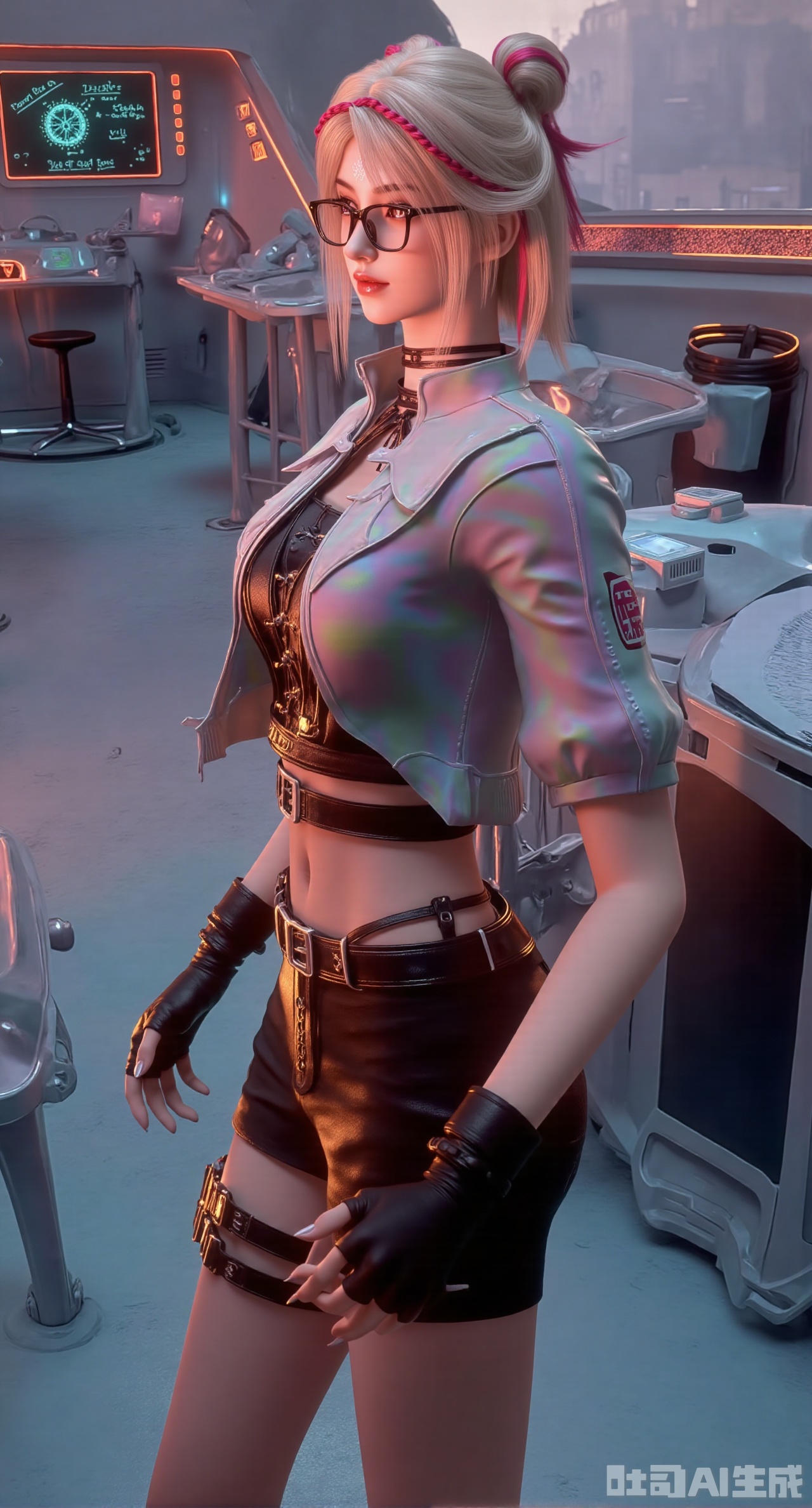 (masterpiece, best quality:1.2),Cyberpunk academy girl with short golden hair and black-framed e-glasses, wearing a modified functional uniform—a cropped knit crop top, pleated skirt with glowing safety shorts underneath, data storage straps on legs, and retractable knee armor. The scene is a rooftop of a future tech academy with floating desks on magnetic tracks, holographic blackboards displaying quantum physics formulas, and solar panel matrices glowing orange in the dusk. 4K high definition, fusion of academy style and tech sense, soft knit texture, sharp armor metallic luster, natural skin details, and futuristic educational props.​
.(huge breasts:2.99),(full breasts:2.99),Xdongjixiaofu,Xlanbaixiaofu,XkjwjlzyY,XLiquidGlass,XiPhone17Pro,Xshuilian,XzhuxianbiyaoX,XnaiqiXY,Xzihanfu,Xzhiguangxishiyouxihuafei,Xqiyaoruqunhanfu,Xwangxixianzi,Xsanshang,Xyujiafu,Xnanxiaochen,Xloubeimaoyi