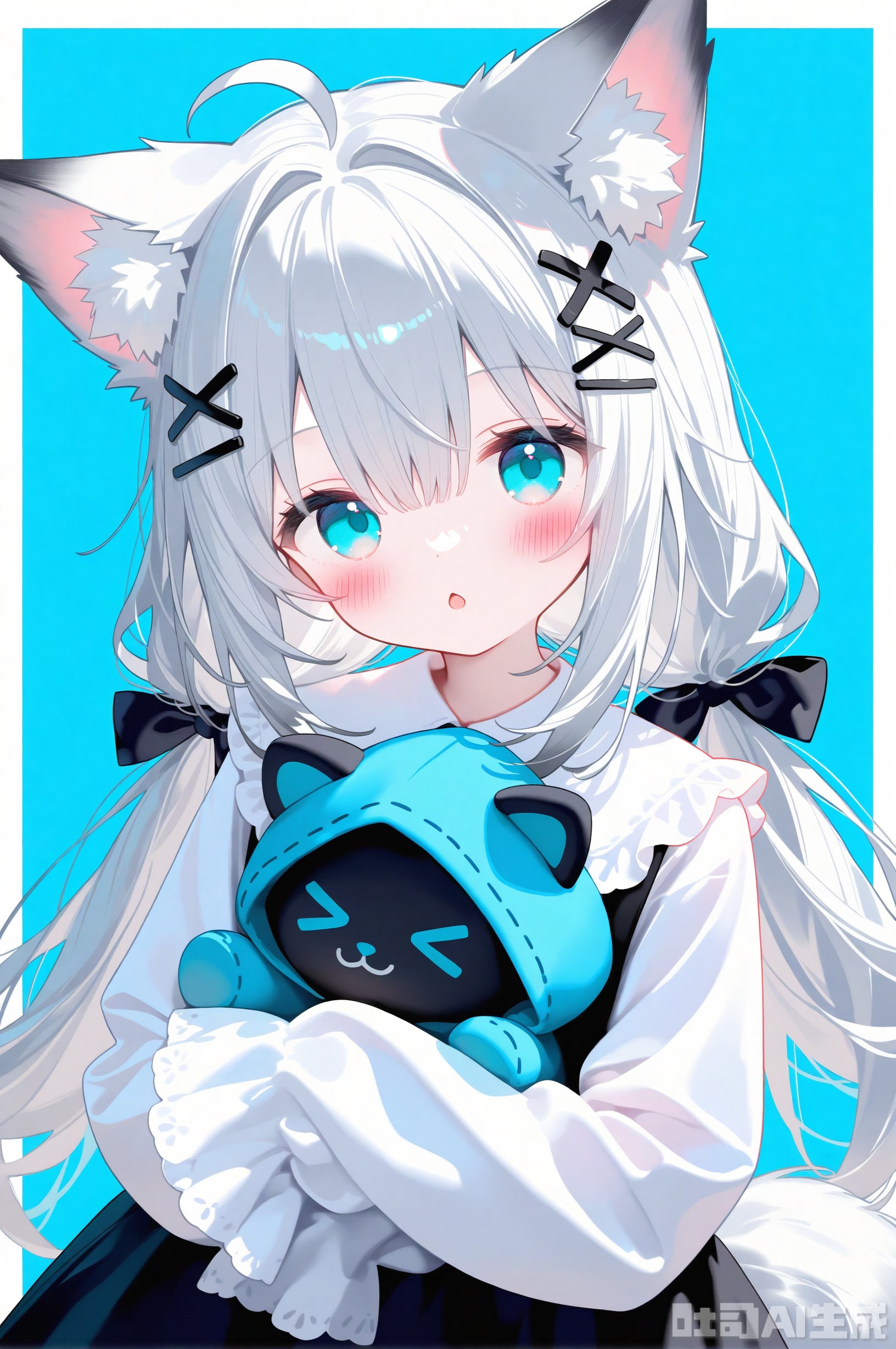masterpiece,very aware,highres,absurdres,newest,best quality, 1girl, animal ears, hair ornament, blue eyes, long hair, white hair, tail, sleeves past fingers, sleeves past wrists, ahoge, looking at viewer, bow, blush, x hair ornament, low twintails, twintails, animal ear fluff, solo, long sleeves, hair bow, fox ears, :o, black bow, shirt, upper body, fox girl, blue background, hugging object, white shirt, fox tail, open mouth, parted lips, chestnut mouth, hair between eyes, blue bow, >_<, dress, two-tone background, grey hair, white border, very long hair, open clothes, border, simple background, white background, sidelocks, hair intakes, frilled sleeves, hairclip, aqua eyes, dot nose, frills, stuffed toy, virtual youtuber,
