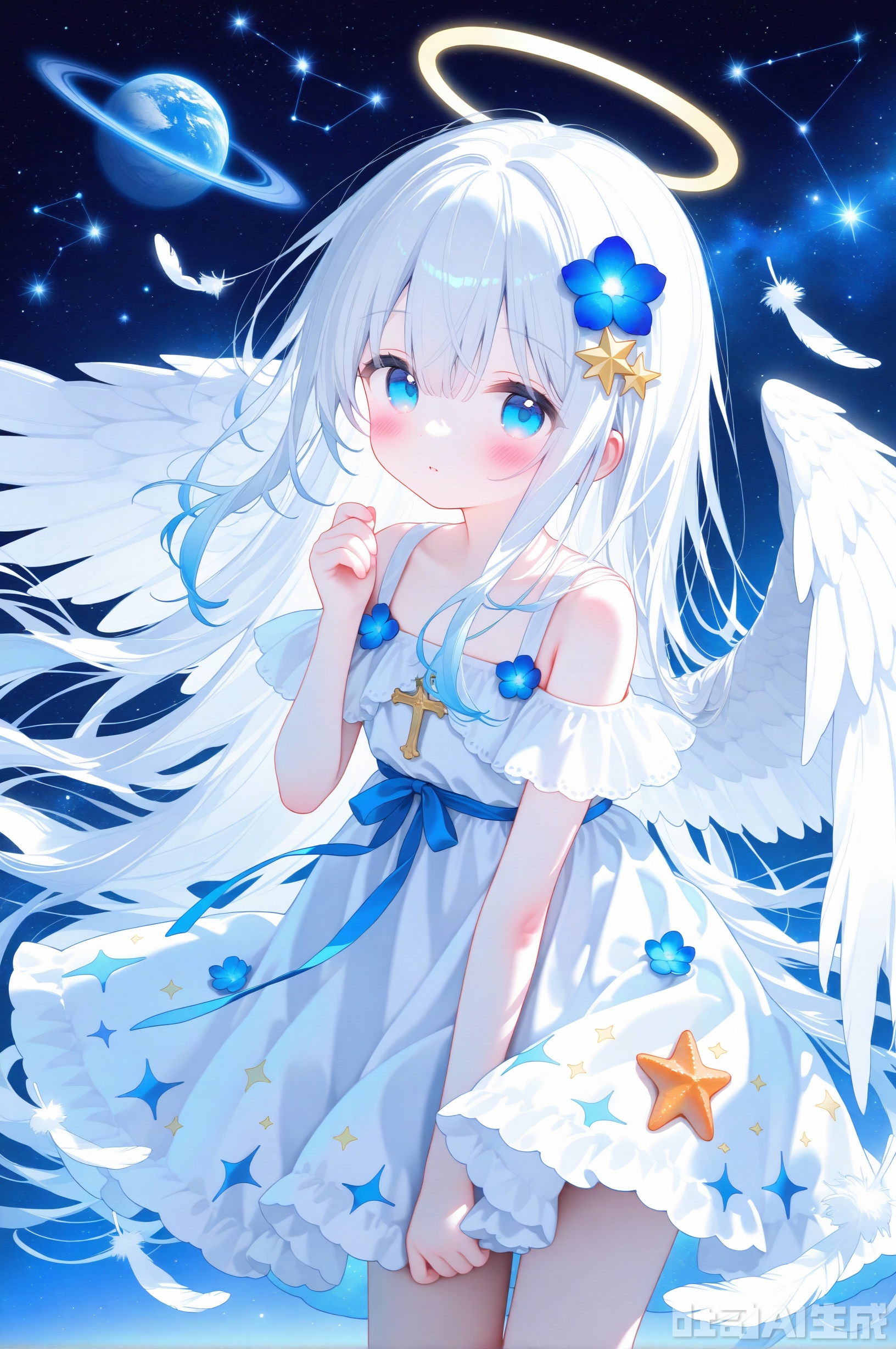 loli,1girl,angel,angel_wings,blue_eyes,blue_flower,constellation,crescent,cross,dress,feathered_wings,flower,hair_between_eyes,hair_ornament,halo,long_hair,looking_at_viewer,planet,solo,star_\(sky\),star_\(symbol\),star_hair_ornament,star_print,starfish,starry_background,starry_sky,very_long_hair,white_feathers,white_hair,white_wings,wings,