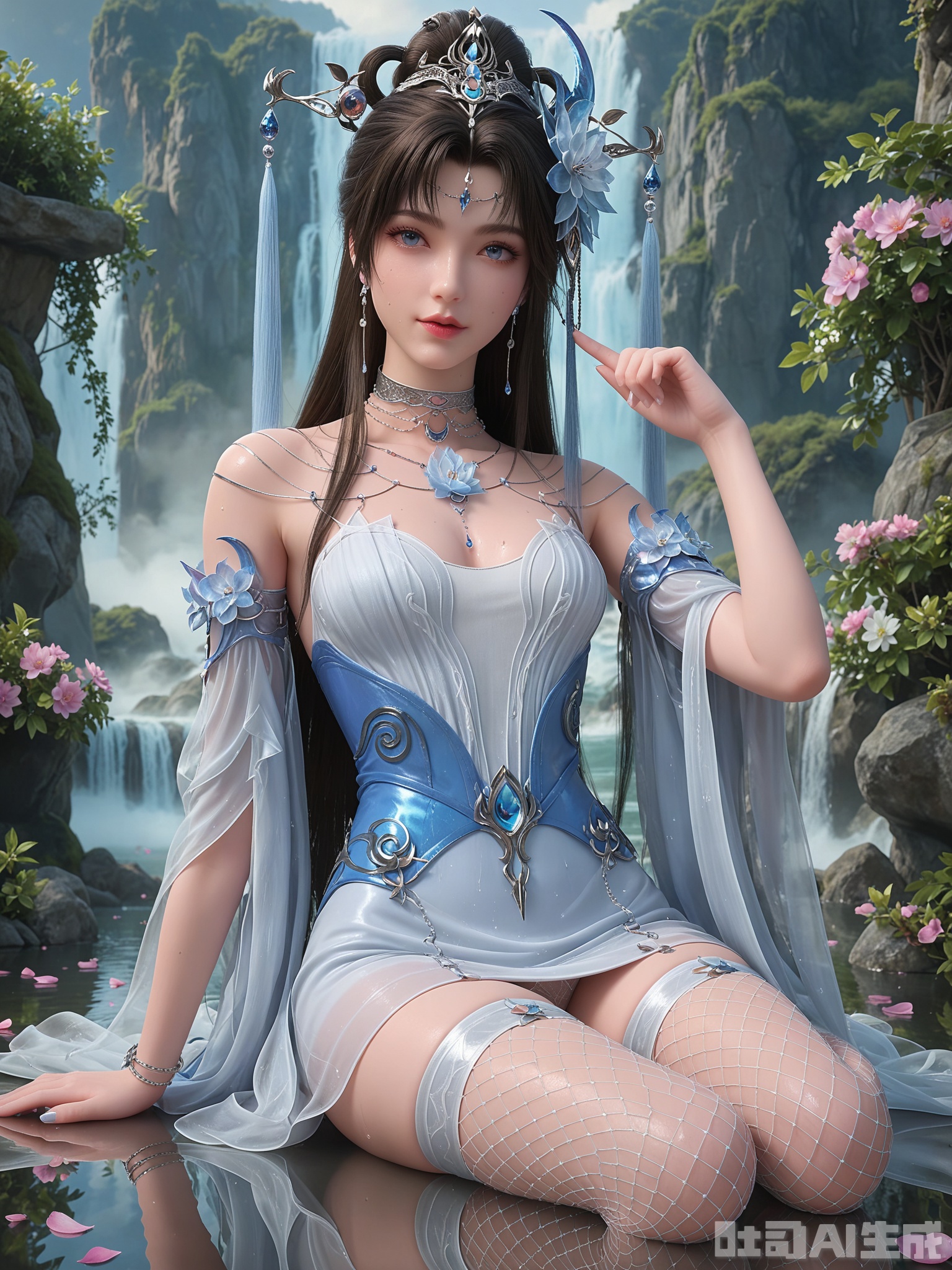 score_9,score_8_up,score_7_up,realistic,photorealistic,1girl,looking_at_viewer,realistic,1girl,Vivid Colors,bright environment,delicate water,hair_ornament,shiny skin,shiny hair,reflection,dress,flower sea,falling petals,extreme detail description,(upper body:0.3),put one hand on your side,long_hair,(skindentation:1.3),Fishnet stockings,bright,sunshine on face,light,sweating,dress,light,sitting_down,
