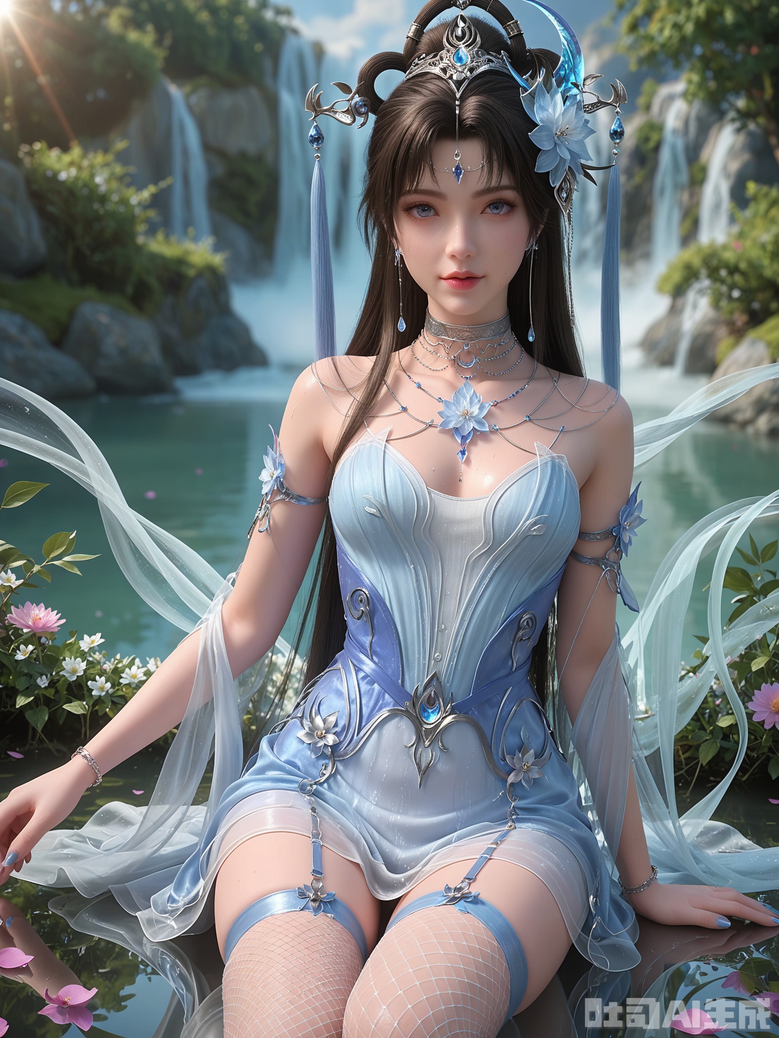 score_9,score_8_up,score_7_up,realistic,photorealistic,1girl,looking_at_viewer,realistic,1girl,Vivid Colors,bright environment,delicate water,hair_ornament,shiny skin,shiny hair,reflection,dress,flower sea,falling petals,extreme detail description,(upper body:0.3),put one hand on your side,long_hair,(skindentation:1.3),Fishnet stockings,bright,sunshine on face,light,sweating,dress,light,sitting_down,glowing,sunshine,bright,reflection