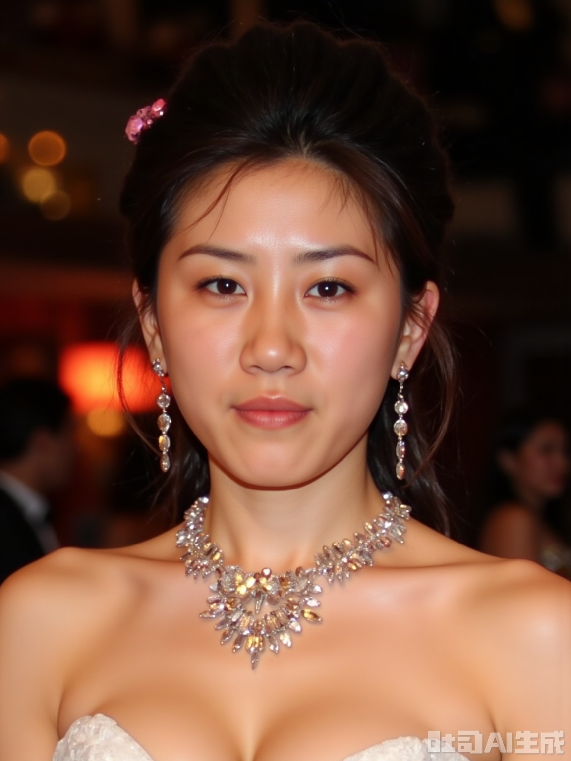 The image shows a young woman with dark hair styled in an elegant updo, adorned with a delicate necklace featuring floral designs. She is wearing matching earrings and a strapless top, suggesting a formal or evening event setting. The background is blurred, with warm, glowing lights creating a festive atmosphere, possibly indicating a party or celebration. The overall composition and lighting suggest a glamorous and sophisticated environment.