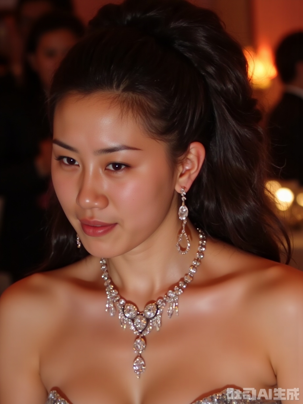 The image shows a young woman with dark hair styled in an elegant updo, adorned with a delicate necklace featuring floral designs. She is wearing matching earrings and a strapless top, suggesting a formal or evening event setting. The background is blurred, with warm, glowing lights creating a festive atmosphere, possibly indicating a party or celebration. The overall composition and lighting suggest a glamorous and sophisticated environment.