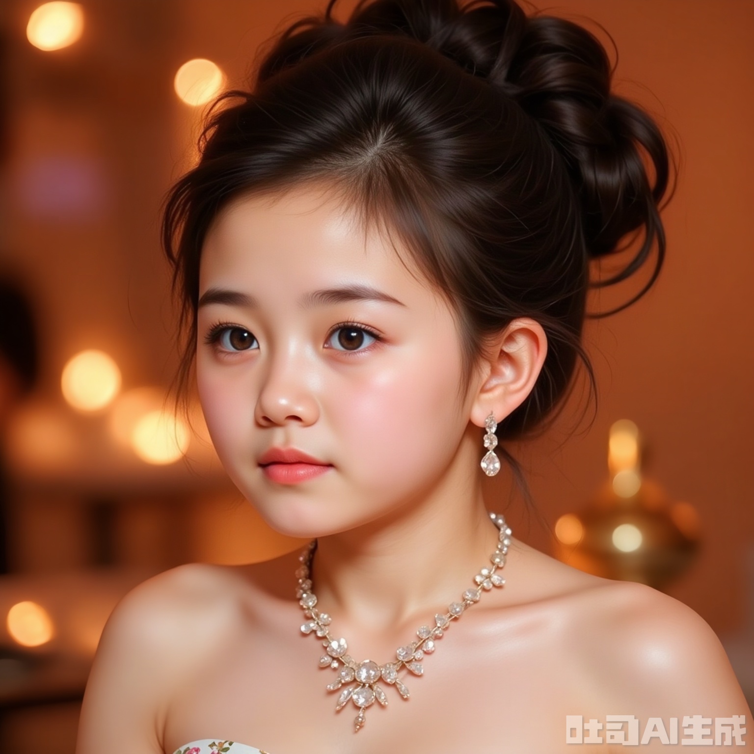 The image shows a young woman with dark hair styled in an elegant updo, adorned with a delicate necklace featuring floral designs. She is wearing matching earrings and a strapless top, suggesting a formal or evening event setting. The background is blurred, with warm, glowing lights creating a festive atmosphere, possibly indicating a party or celebration. The overall composition and lighting suggest a glamorous and sophisticated environment.
