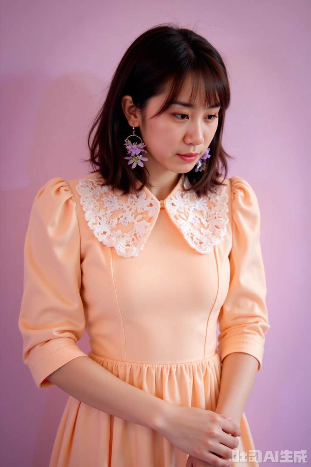 Background: Lilac solid background, the wall has a delicate pearlescent texture, and is exposed to warm light at 45 degrees on the left.​
Character: A girl with shoulder-length short hair, wearing a light apricot dress with lace lace on the collar. She lowered her head slightly, her cheeks were red, her eyes looked down shyly, her hands were crossed in front of her, her fingers unconsciously wrapped around the hem of her skirt, and the lavender flower earrings on her ears echoed the background, showing a shy and shy girlish feeling.​
Atmosphere: gentle, shy, full of subtle beauty.​
Parameters: 8K resolution, f/2.8 aperture, shutter speed 1/160s, ISO 100, use 80mm lens to capture subtle expressions, increase 15% warm tone, add 10% soft light effect, enhance gentle atmosphere