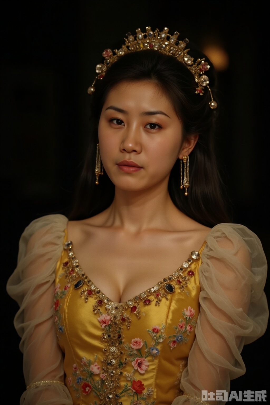 Character: The heroine in the costume movie, the double-ring bun and golden crown are the characters' symbols; the texture of the skirt hides the story, the gauze movements seem to have emotional flow, and the flower ornaments are like the foreshadowing of the character's fate, and the eyes convey the implicit plot, as if they are about to speak in the next second.
Atmosphere: dark part with gray, bright part with warm yellow, replica film grain and narrative sense, each light and shadow are like the "emotional foreshadowing" in the script, making the characters become living shots of the story.
Background: The "outside the focus of the movie" in dark brown color blurs into the space-time background of the story (maybe the palace or the afterimage of the cave), and uses uncertainty to strengthen the immersion of the movie.
Shooting parameters: aperture f/2.8, shutter 1/80s, ISO 1600, focal length 50mm. Medium aperture balances virtual and real, low-speed shutters with a little dynamic blur, high ISO manufactures film particles, making the texture full of "movie labels".