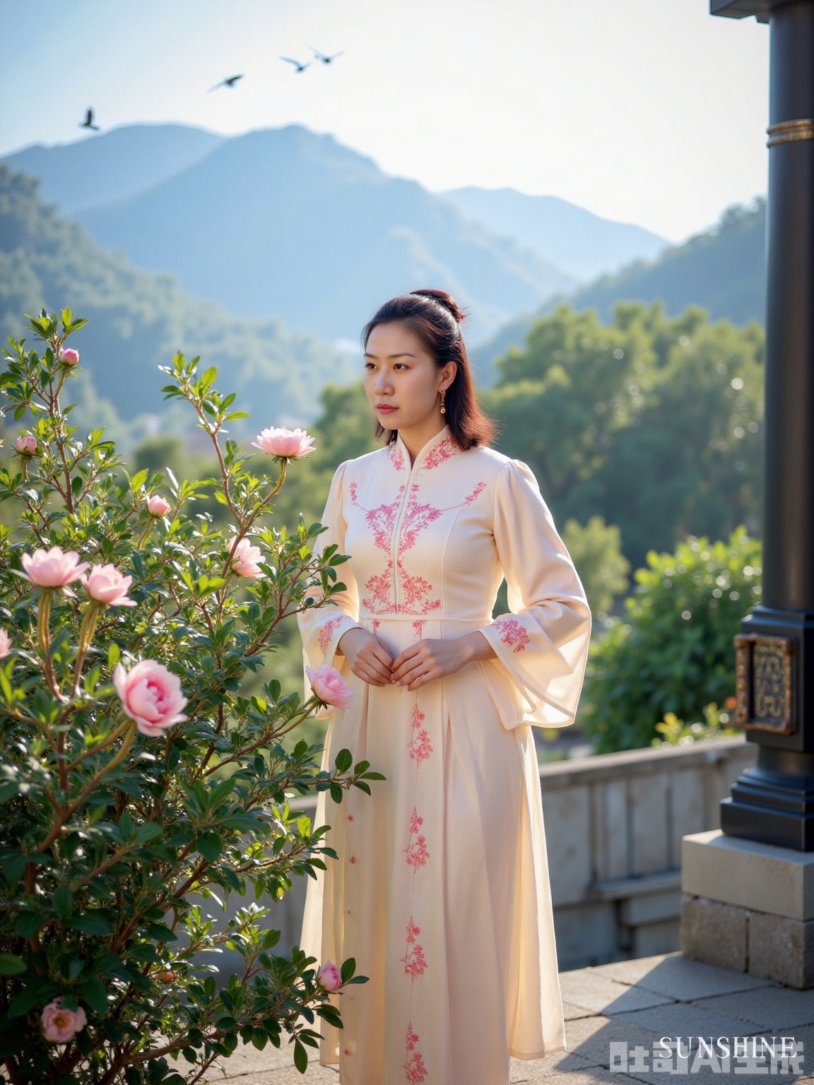 A woman in light - colored Hanfu adorned with pink floral embroidery, delicate patterned trims on the collar and cuffs. Her hair is styled in an elevated bun, embellished with white and pink flowers and exquisite hair ornaments, wearing golden earrings. She stands beside a dark - colored pillar with metal decorations. Surrounding are blooming flowers, pink petals with light - yellow stamens. In the background, green plants and part of a classical building are visible, sunlight filtering through the leaves, creating a warm and serene atmosphere. . The text "SUNSHINE" is visible in the bottom right corner, likely indicating the artist or creator of the artwork. In the distance, the southern mountains are shrouded in light blue mist, with layered peaks like ink and wash stains, and a few strands of milky white mist floating between the mountainside. The sunlight shines through the sparse branches, casting scattered golden spots on the ground. The gentle breeze lifts the hem of the clothes, bringing a subtle scent of chrysanthemum and earth. The color tones of the screen are mainly warm gray, green blue, and beige, supplemented by light ochre accents. The light and shadow are soft like a thin veil, creating a leisurely atmosphere of "the heart is far away and self biased". The character's demeanor is leisurely with a sense of tranquility, and their gaze follows the mountain terrain, as if seamlessly integrated with nature. In the background, three or two birds can be faintly seen flying over the mountain peak, and the wild path outside the fence extends into the mist. The overall atmosphere is quiet and far-reaching, as if time quietly stops here.


