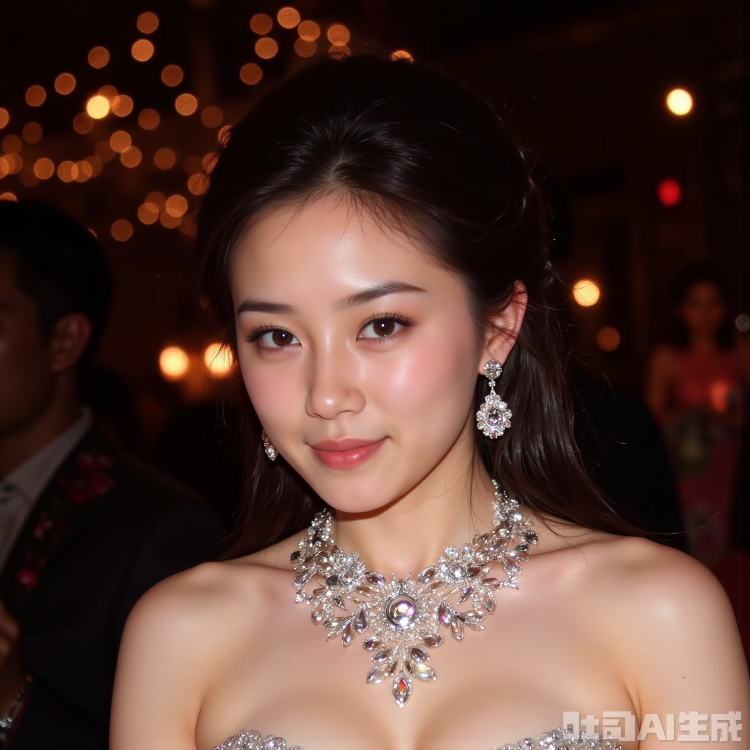 The image shows a young woman with dark hair styled in an elegant updo, adorned with a delicate necklace featuring floral designs. She is wearing matching earrings and a strapless top, suggesting a formal or evening event setting. The background is blurred, with warm, glowing lights creating a festive atmosphere, possibly indicating a party or celebration. The overall composition and lighting suggest a glamorous and sophisticated environment.
