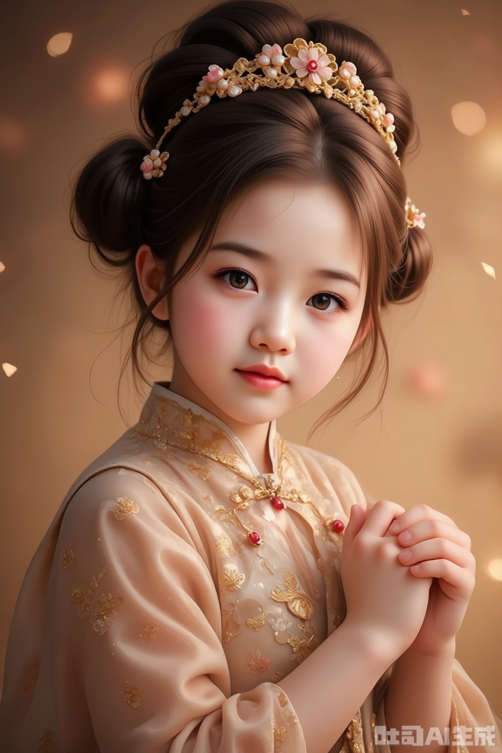 Character: A woman, wearing a classic double-ring bun, wearing a gorgeous hair crown with golden patterns, rubies and pearls, and flower ornaments on her forehead. She is wearing traditional clothes with exquisite patterns. She wears a gold necklace and holds a gauze in her hand, and has a gentle posture.
Atmosphere: classical and elegant, combining ancient oriental charm with dreamy feeling, as if walking out of the painting scroll of the prosperous Tang Dynasty, exuding a gentle, mysterious and gorgeous atmosphere.
Background: The hazy halo of warm colors, similar to the ancient palace or Dunhuang cave scene, creating a retro and dreamy sense of space, with soft light and shadow, setting off the classical beauty of the characters.
Shooting parameters: recommended aperture f/2.8, shutter speed 1/100s, ISO 400, focal length 50mm. The large aperture blurred background highlights the characters, suitable for the shutter to deal with indoor light, ISO balances image quality and brightness, and a 50mm focal length presents a natural portrait perspective.