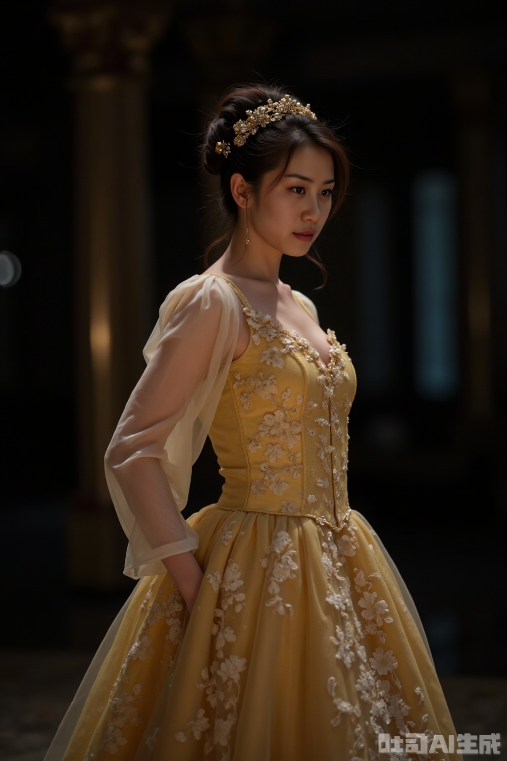 Character: The heroine in the costume movie, the double-ring bun and golden crown are the characters' symbols; the texture of the skirt hides the story, the gauze movements seem to have emotional flow, and the flower ornaments are like the foreshadowing of the character's fate, and the eyes convey the implicit plot, as if they are about to speak in the next second.
Atmosphere: dark part with gray, bright part with warm yellow, replica film grain and narrative sense, each light and shadow are like the "emotional foreshadowing" in the script, making the characters become living shots of the story.
Background: The "outside the focus of the movie" in dark brown color blurs into the space-time background of the story (maybe the palace or the afterimage of the cave), and uses uncertainty to strengthen the immersion of the movie.
Shooting parameters: aperture f/2.8, shutter 1/80s, ISO 1600, focal length 50mm. Medium aperture balances virtual and real, low-speed shutters with a little dynamic blur, high ISO manufactures film particles, making the texture full of "movie labels".