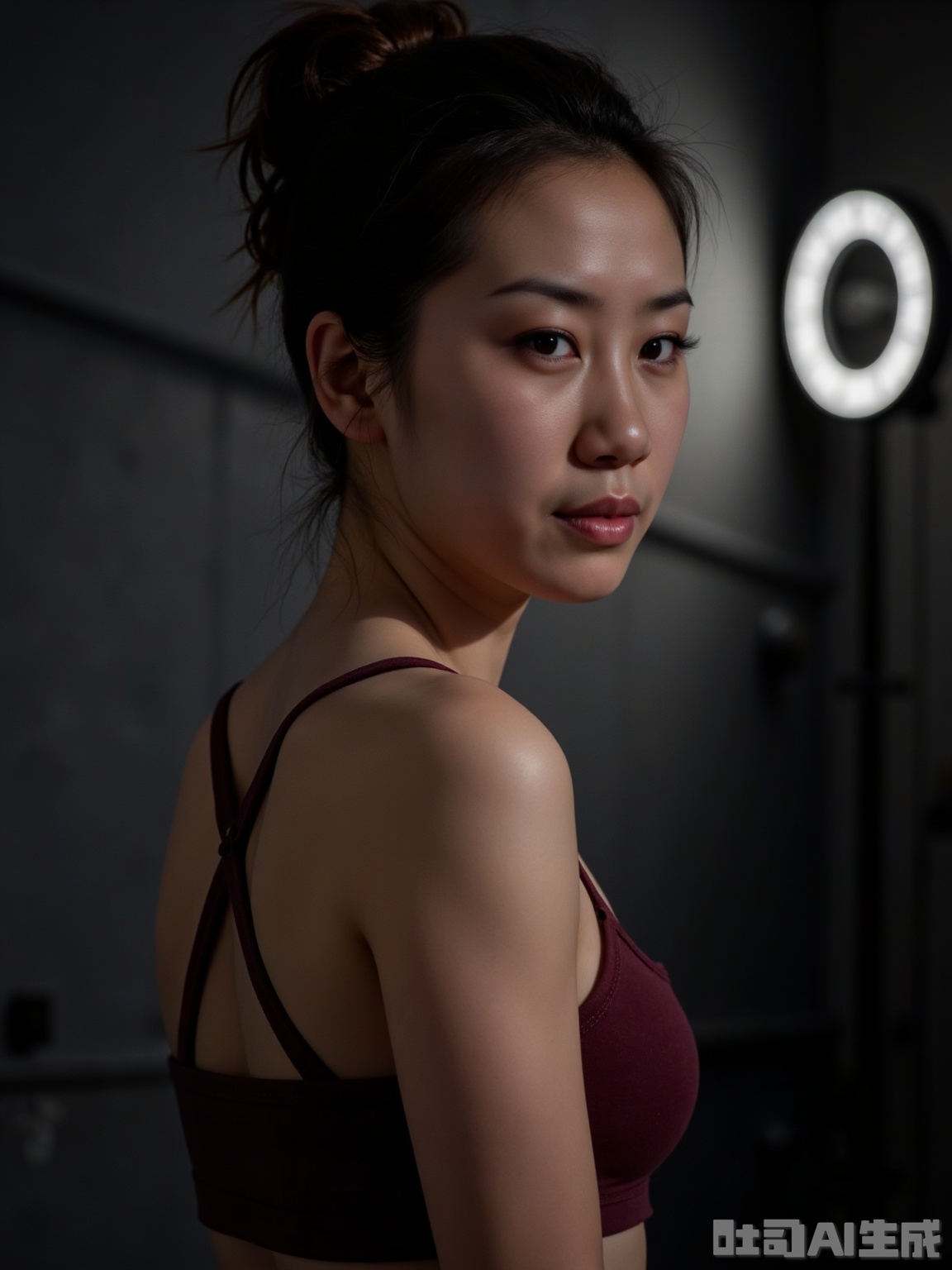 ## 2. **Gym Light and Shadow Wind**
**Scene**: Dark gray cement texture background wall creates an industrial atmosphere in the gym. The main light is tungsten filament lamp (color temperature 3200K, intensity 1800 lumens) from the left angle, forming a clear contrast of light and darkness; the right side uses a cool white LED lamp (color temperature 6000K, intensity 1200 lumens) to fill up the light to balance the shadows; a ring lamp (color temperature 4500K, intensity 800 lumens) on the top is set to illuminate the face evenly.
**People**: The high ponytail hairstyle is neat and crisp, and a black wide-edged sports headband is worn on the top of the head. Wearing a burgundy sports bra, the back of the bra is designed with cross-band straps to show sexiness and strength; a corner of the sports towel on the shoulder is cross-body. The makeup emphasizes the eyes, black eyeliner is paired with thick eyelashes, and rose red is used to enhance the aura. The expression is focused and has a hint of perseverance. The head is slightly sideways, and the eyes are sharp to the camera, interpreting the concentration and charm in movement.
**Ambient**: Cool and dynamic, highlighting the power and fashion sense of the gym.
**Parameters**: 8K resolution, f/2.8 aperture blur background; shutter speed 1/160s, ISO 200; flat shot with 50mm lens, focusing on the chest and breasts above; add 20% cool tone to highlight the industrial style, reduce 5% brightness to enhance the mystery, add 3% grainy simulate the film texture, and enhance the picture style.