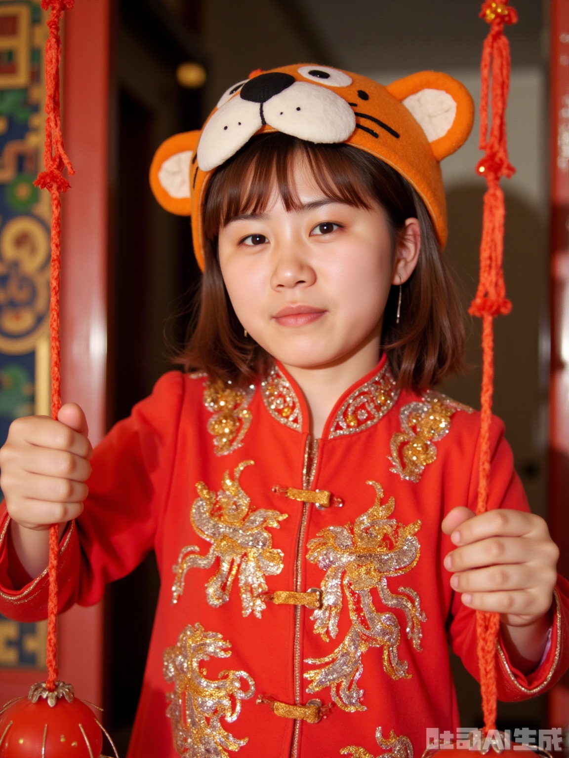 8K ultra-realistic, Polaroid 600 film 1.3. The little girl is in close up, wearing a tiger-head hat, a red Tang cotton jacket, and a golden auspicious cloud embroidered on her collar and cuffs. Holding the red lantern with both hands, the corners of his mouth raised, and his eyes were bright. The background is the courtyard door covered with Spring Festival couplets. The sun shines on the body, and the warm yellow light is 1.5. Polaroid film has a warm yellow color cast, a color temperature of 3800K, and a slight scratch on the photo paper tape. Using Nikon Z9 with a 50mm f1.8 lens, aperture f3.2, shutter 1 160s, highlighting New Year's festiveness and childlike innocence