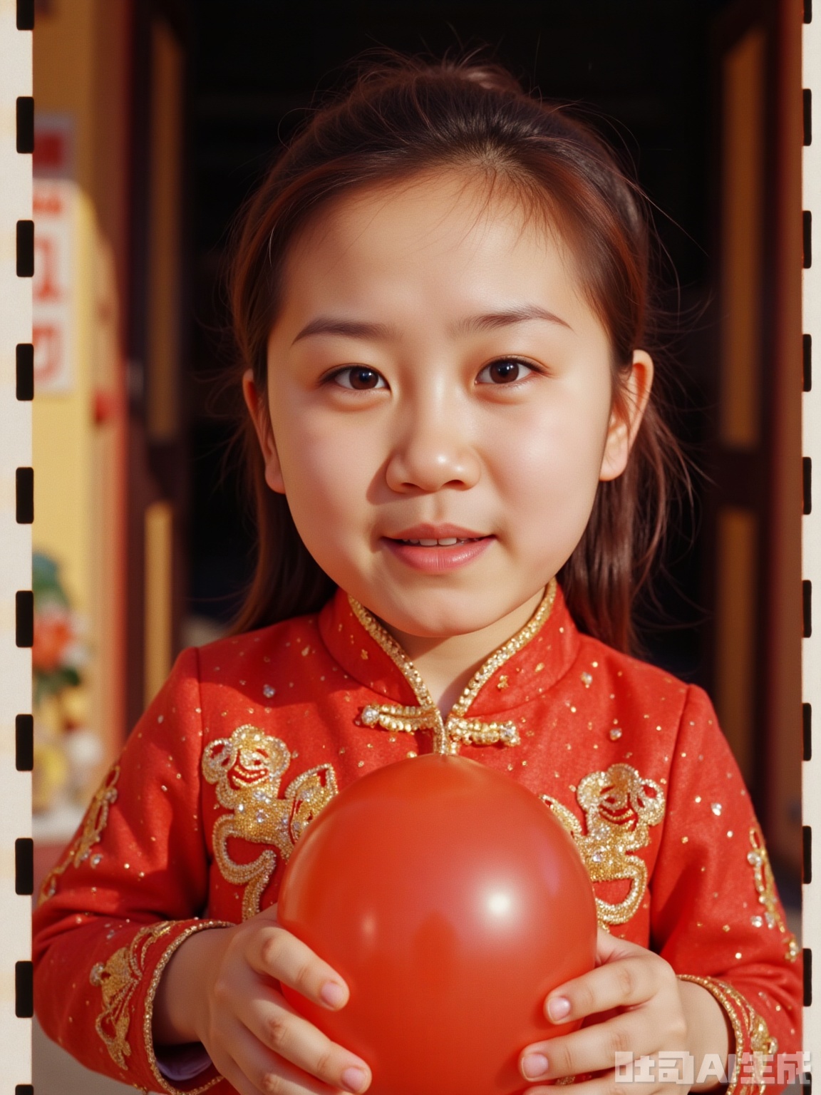 8K ultra-realistic, Polaroid 600 film 1.3. The little girl is in close up, wearing a tiger-head hat, a red Tang cotton jacket, and a golden auspicious cloud embroidered on her collar and cuffs. Holding the red lantern with both hands, the corners of his mouth raised, and his eyes were bright. The background is the courtyard door covered with Spring Festival couplets. The sun shines on the body, and the warm yellow light is 1.5. Polaroid film has a warm yellow color cast, a color temperature of 3800K, and a slight scratch on the photo paper tape. Using Nikon Z9 with a 50mm f1.8 lens, aperture f3.2, shutter 1 160s, highlighting New Year's festiveness and childlike innocence