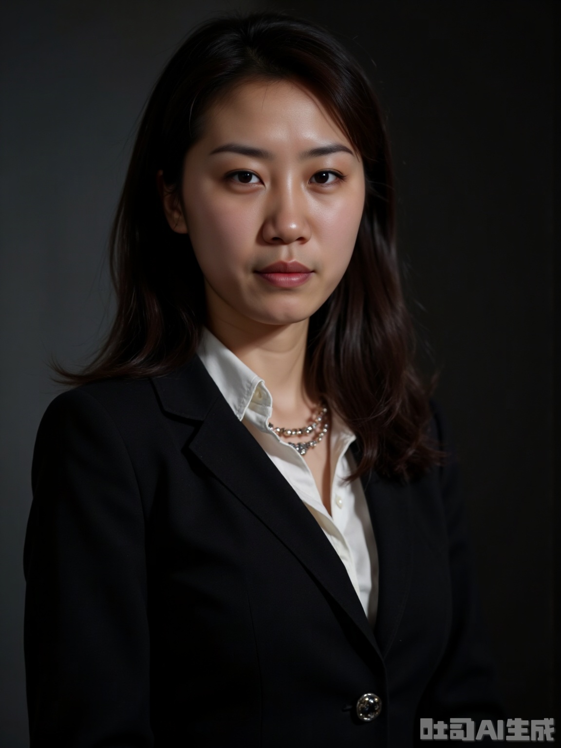 Scene: Dark gray matte background wall creates a calm and atmospheric atmosphere. The main light source uses high 45° side backlight (color temperature 3200K, intensity 1800 lumens) to outline the character's shoulders and hair contours; a large soft box (color temperature 5500K, intensity 1200 lumens) is placed on the right as the main light to evenly illuminate the face; the reflector at the bottom fills up light to eliminate the shadow on the chin and form a cinematic light-sensitive shadow with rich light and dark layers. Character: Wearing a black waffle-collared suit jacket, a white silk shirt inside, a slightly wider collar, and a simple diamond necklace. The hair is big wavy shawl, the makeup is exquisite and atmospheric, the red lips enhance the aura, the eyes are firm and straight to the camera, and the corners of the mouth are pursed, showing the image of a confident and capable workplace woman. Atmosphere: professional and elegant, conveying elite temperament through light and shadow contrast and clothing texture. Parameters: 8K resolution, f/2.8 aperture blurs the background, highlighting the character's main body; shutter speed 1/125s, ISO 100; use a 50mm lens to shoot flat, and the picture can be cut above the breasts; increase 10% contrast to enhance the three-dimensionality, reduce saturation by 5% to avoid too bright colors, and add 3% soft light effect to soften the skin.
