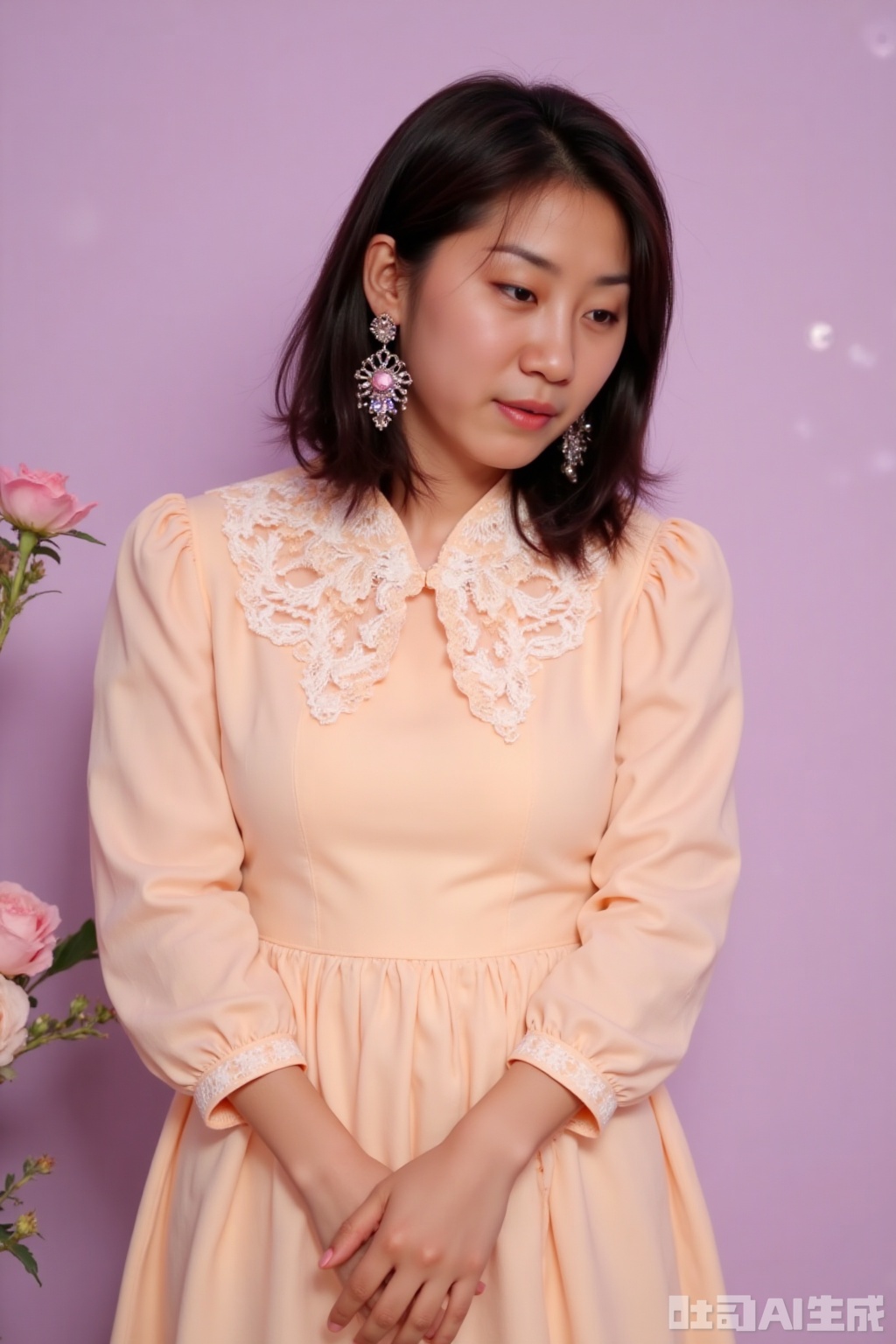 Background: Lilac solid background, the wall has a delicate pearlescent texture, and is exposed to warm light at 45 degrees on the left.​
Character: A girl with shoulder-length short hair, wearing a light apricot dress with lace lace on the collar. She lowered her head slightly, her cheeks were red, her eyes looked down shyly, her hands were crossed in front of her, her fingers unconsciously wrapped around the hem of her skirt, and the lavender flower earrings on her ears echoed the background, showing a shy and shy girlish feeling.​
Atmosphere: gentle, shy, full of subtle beauty.​
Parameters: 8K resolution, f/2.8 aperture, shutter speed 1/160s, ISO 100, use 80mm lens to capture subtle expressions, increase 15% warm tone, add 10% soft light effect, enhance gentle atmosphere