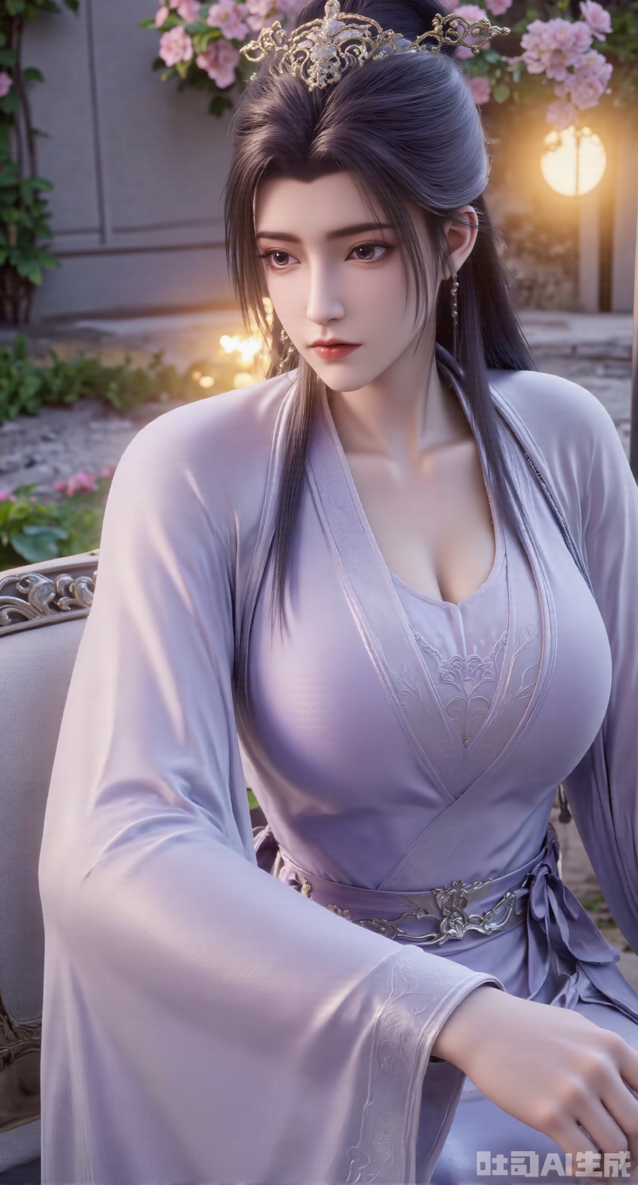 (masterpiece:1.2),best quality,(UE5.5,rendered with Unreal Engine 5,Unreal Engine 5,CG rendering:1.1),A flower courtesan wearing a jadeite hair crown dons a moon-white bellyband embroidered with grape vine patterns, paired with a light purple wide-sleeved ruqun. Sitting on a swing surrounded by blooming flowers, she plays the zheng. As she plucks the strings, falling pear blossoms dance with the musical notes. Behind her, a courtyard wall is covered with climbing roses, and sunlight rims her figure with gold. Transparent texture of jadeite, draping effect of silk, detailed strings of the zheng, falling petal trajectories, bright and soft color tones, 8K resolution, fine dynamic rendering, romantic spring atmosphere.,(huge breasts:2.99),(full breasts:2.99),Xgechuanguangchongstyle,Xyuanxionggirl,Xyunxiao,XyunxiaoYK,Xdixionglianyiqun,Xmiaozufushi,Xqilinxianzi,XTifaLockhart,Xjinshenjianshenfu,Xluxueqishuiyi,Xhongqipao,Xbigbreasts
