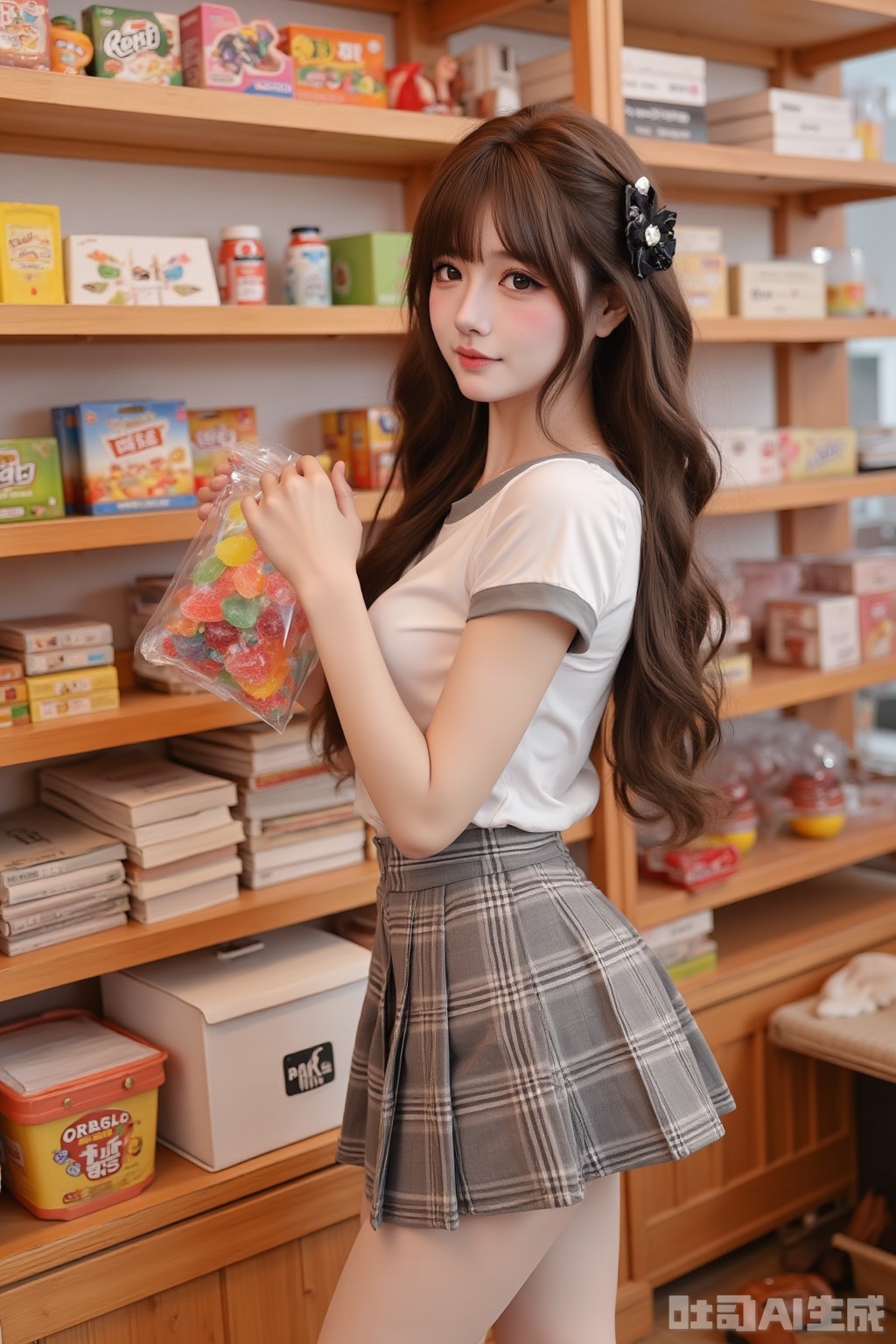 In a quaint corner store, a full-body shot of a young Asian woman. Her makeup is minimal, with just a touch of soft pink blush and a hint of clear lip gloss, enhancing her natural beauty. Her long, flowing chestnut-brown hair** cascades gently over her shoulders. She wears a classic JK uniform: a crisp short-sleeved white blouse with a bowtie, a plaid skirt, revealing her toned thighs, white pantyhose, and dark brown loafers.  

The store is filled with everyday items, from snacks and drinks to stationery, with shelves lined neatly. She stands by the candy aisle, holding a colorful bag of gummy bears, her eyes sparkling with curiosity. The camera captures her from a side angle, emphasizing her graceful posture. The lighting is detailed and volumetric, with soft backlighting creating a warm glow around her. Her skin has a natural shine, and the background is slightly blurred to focus on her. Her expression is gentle and curious, exuding a sense of purity and charm