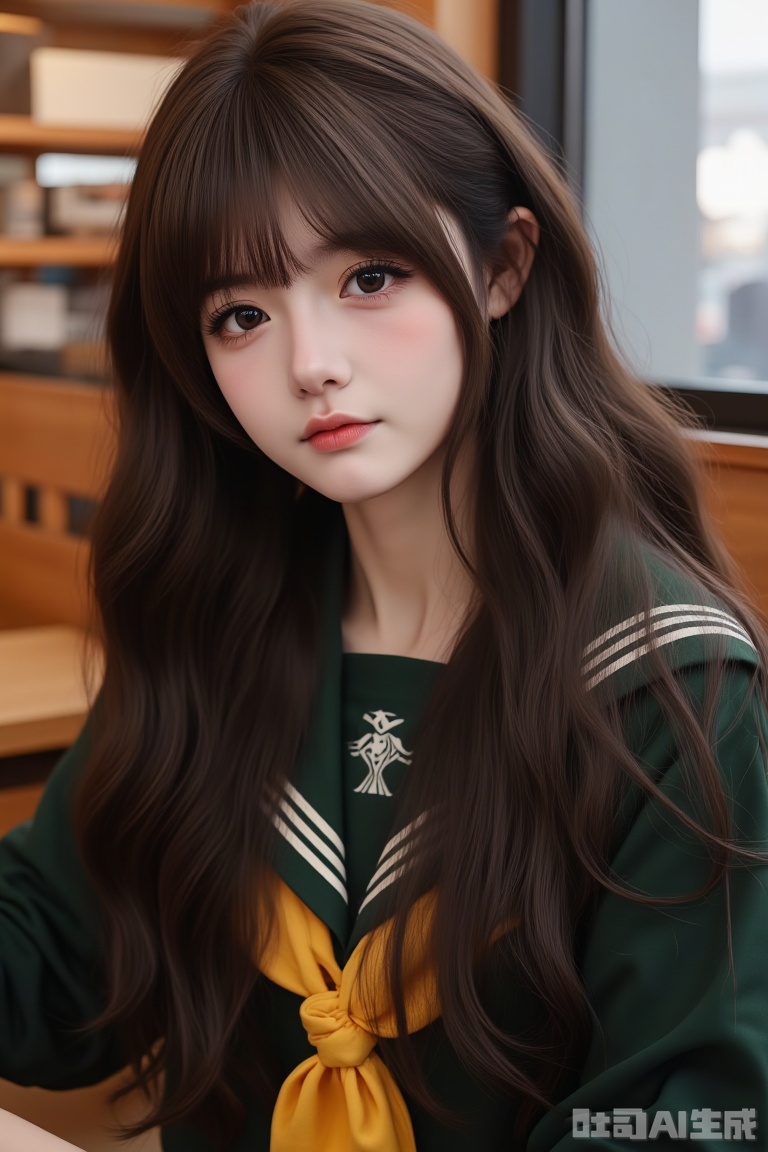 An ultra-detailed portrait of a young beauty with long hair, wearing school uniform. She is sitting in a Starbucks restaurant, The Starbucks logo is visible,closed_mouth