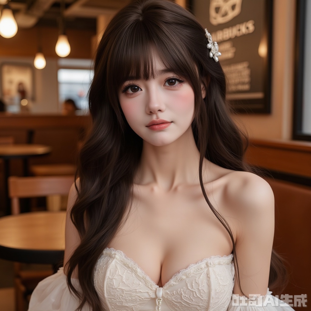 An ultra-detailed portrait of a young beauty with long hair, wearing a wedding dress that shows cleavage. She is sitting in a Starbucks restaurant, The Starbucks logo is visible,closed_mouth