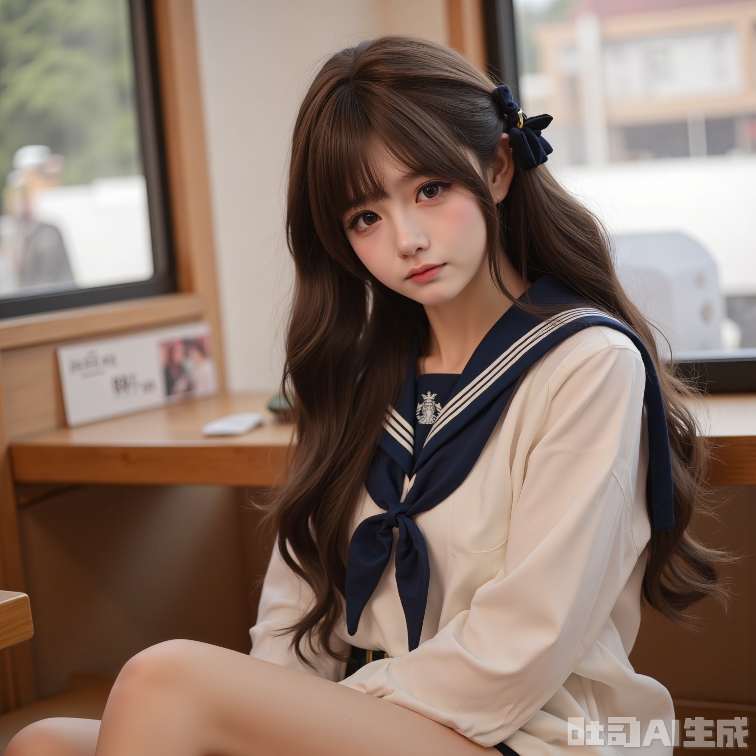 An ultra-detailed portrait of a young beauty with long hair, wearing school uniform. She is sitting in a Starbucks restaurant, The Starbucks logo is visible,closed_mouth,hair ribbon
